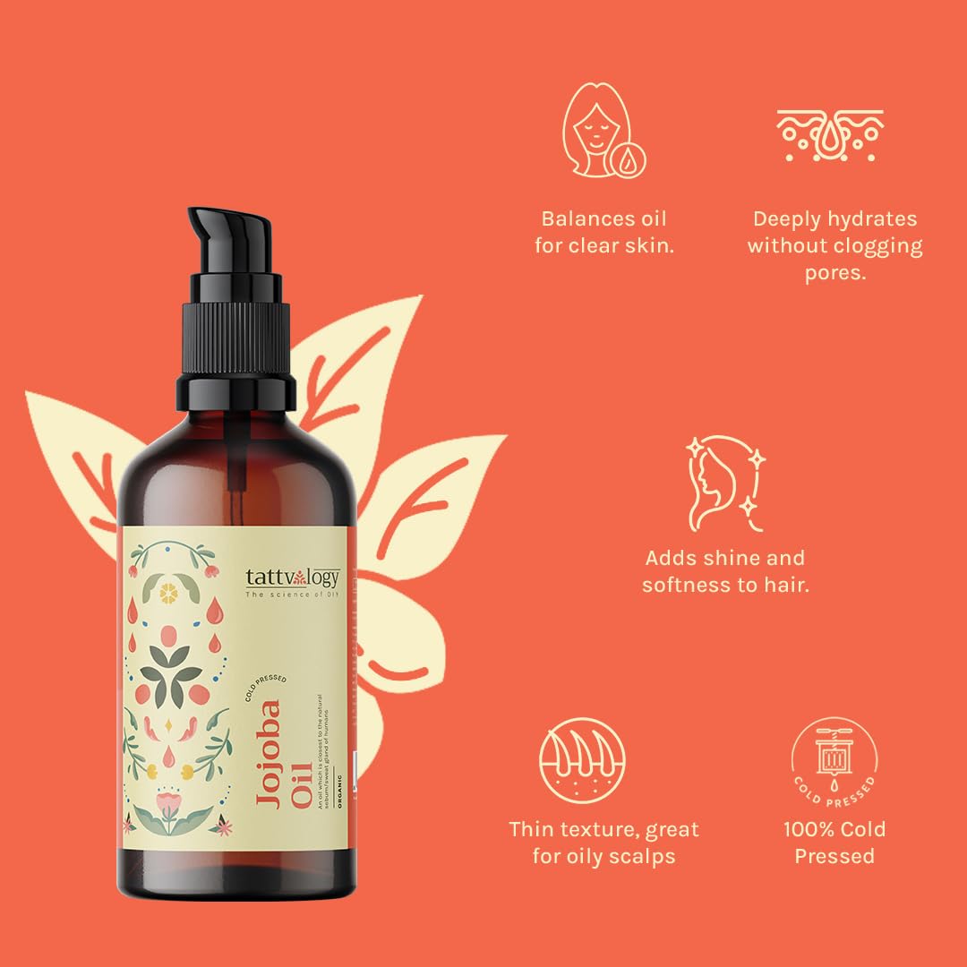 Tattvalogy 100% Pure Organic Cold Pressed Jojoba Carrier Oil - Certified Natural Skin Moisturizer & Hair Conditioner for Dry Scalp & Face Care | 50ml | Perfect for Aromatherapy, Massage & DIY Beauty Recipes
