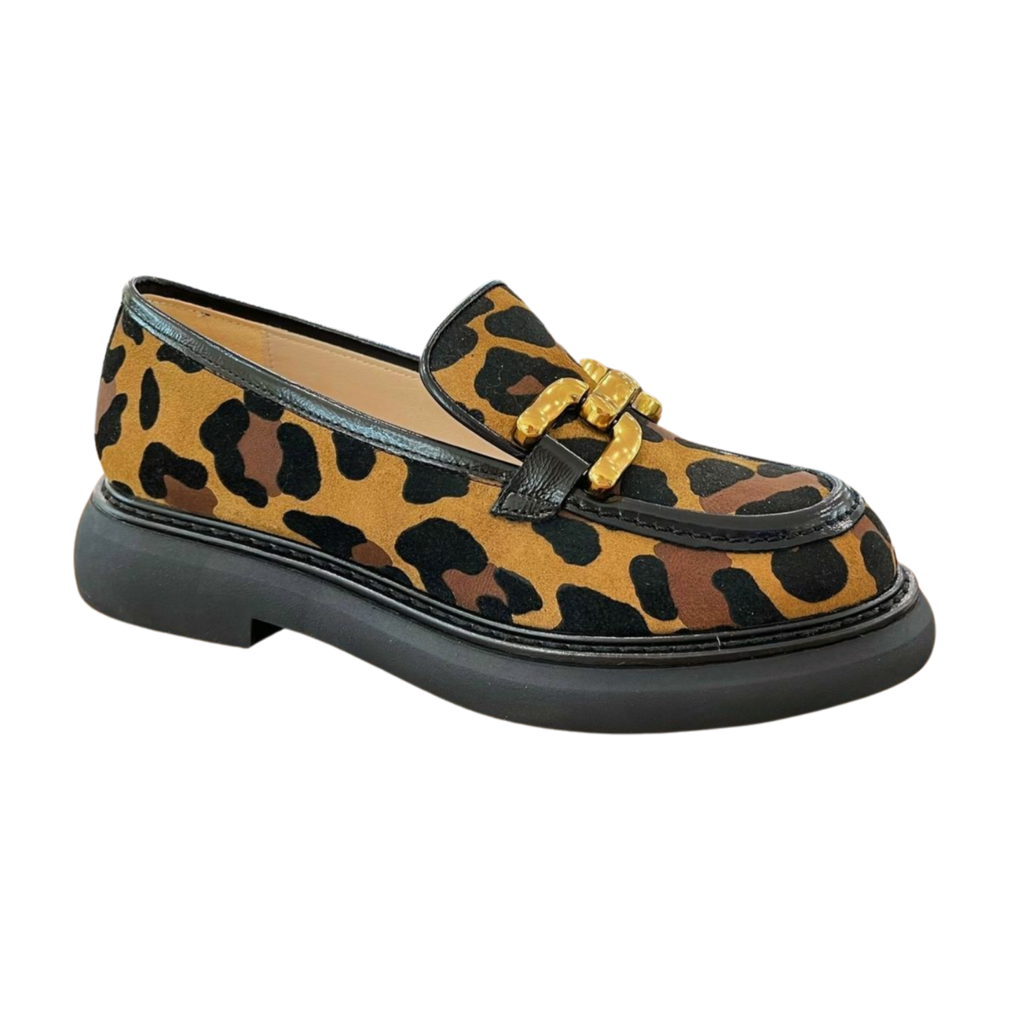 MARIAN Women's Leopard Print Chunky Heel Loafers with Gold Bit Detail - Stylish Slip-On Shoes for Work, Office & Casual Outfits