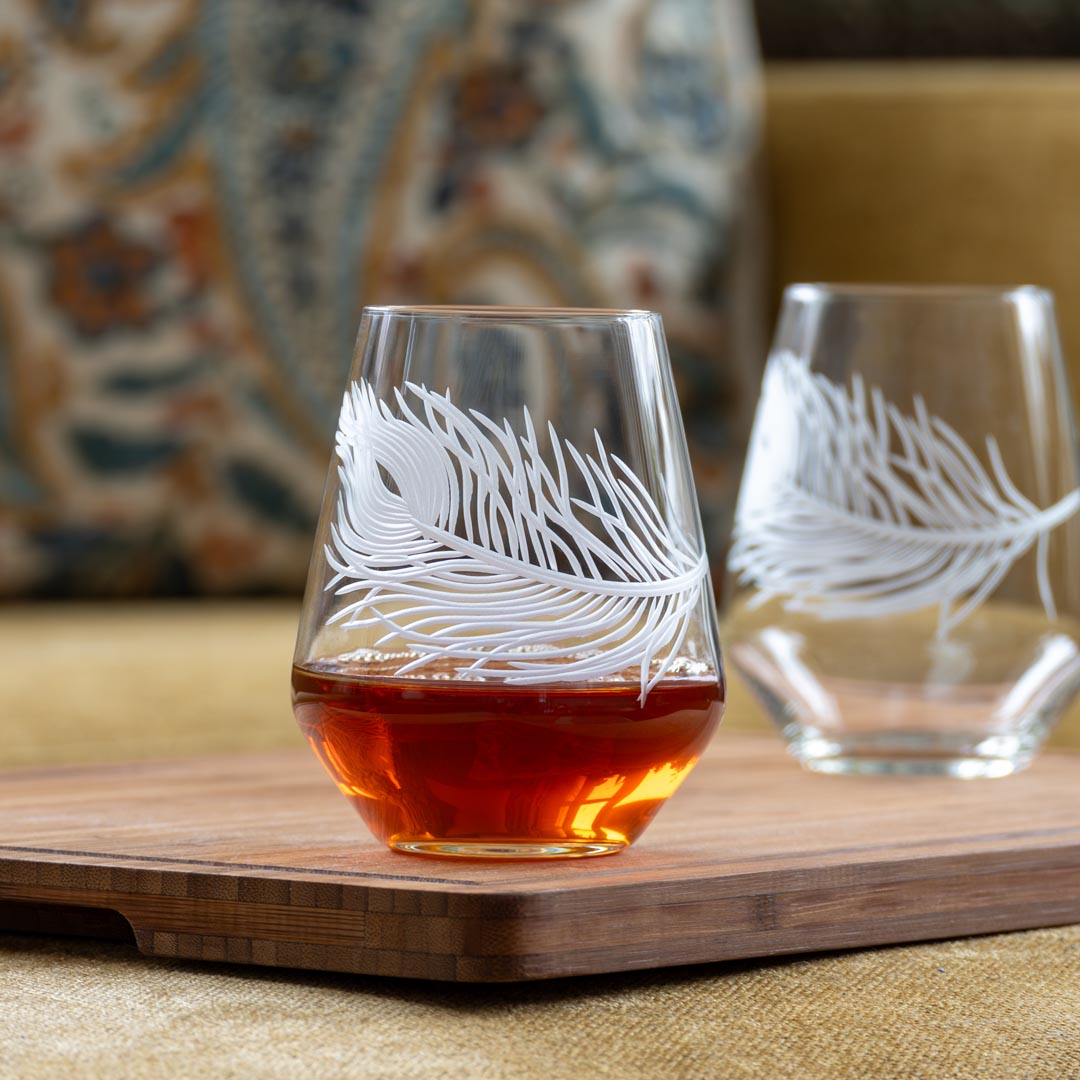 Peacock 18oz Stemless Wine Glass Set of 4 - Elegant Drinking Glasses for Red Wine, White Wine, Cocktails & Beverages - Perfect for Dinner Parties, Weddings, Gifts & Home Decor