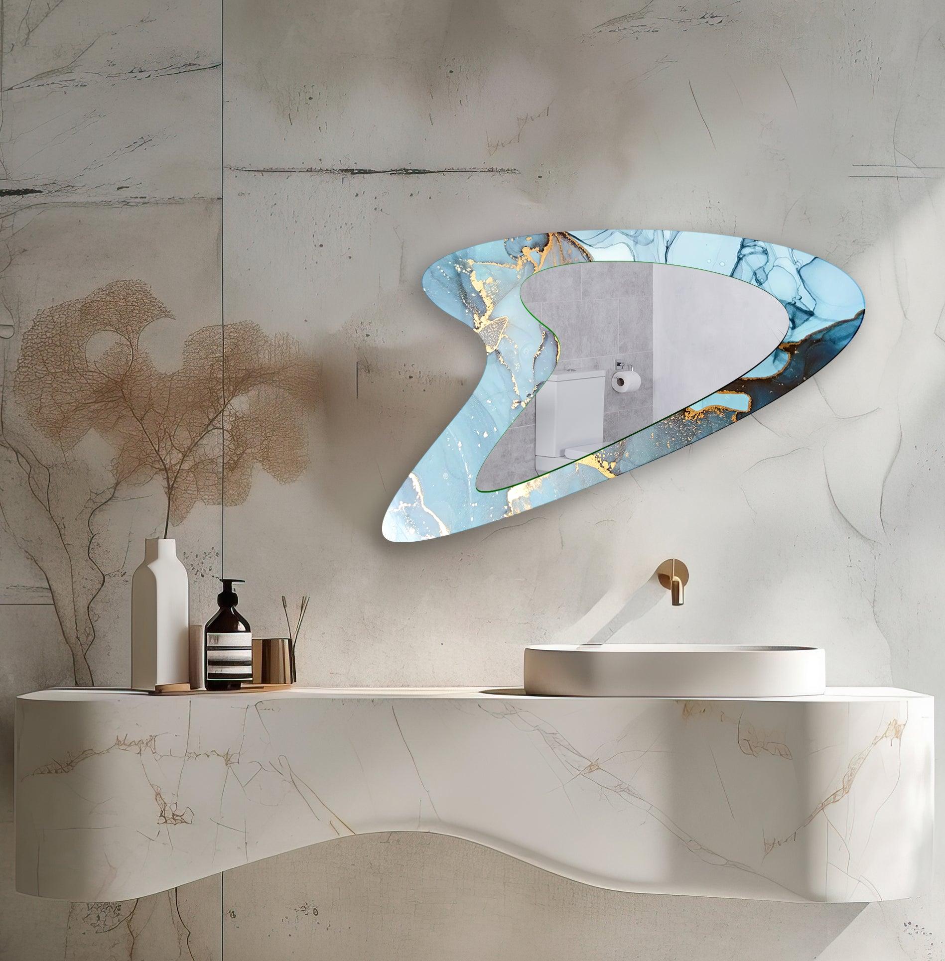 Blue & Gold Abstract Small Glass Wall Mirror - Modern Decorative Mirror for Living Room, Bedroom, Bathroom & Entryway - Perfect for Home Decor & Wall Art
