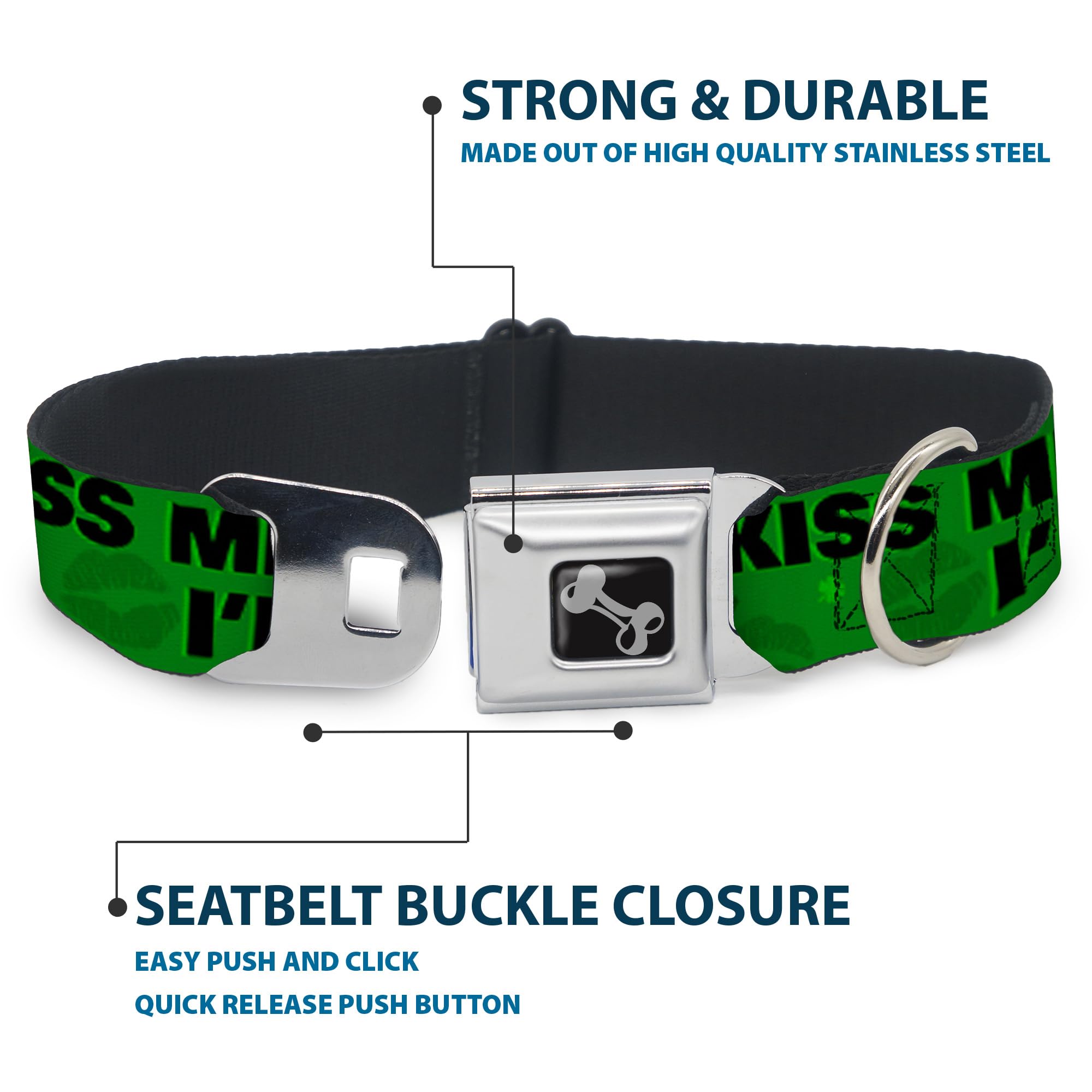 Dog Seatbelt Collar with Buckle - Kiss Me I'm Irish Clover Design, Green & Black, 16-23 Inches, 1.5 Inch Wide - Safe Car Travel for Medium Dogs