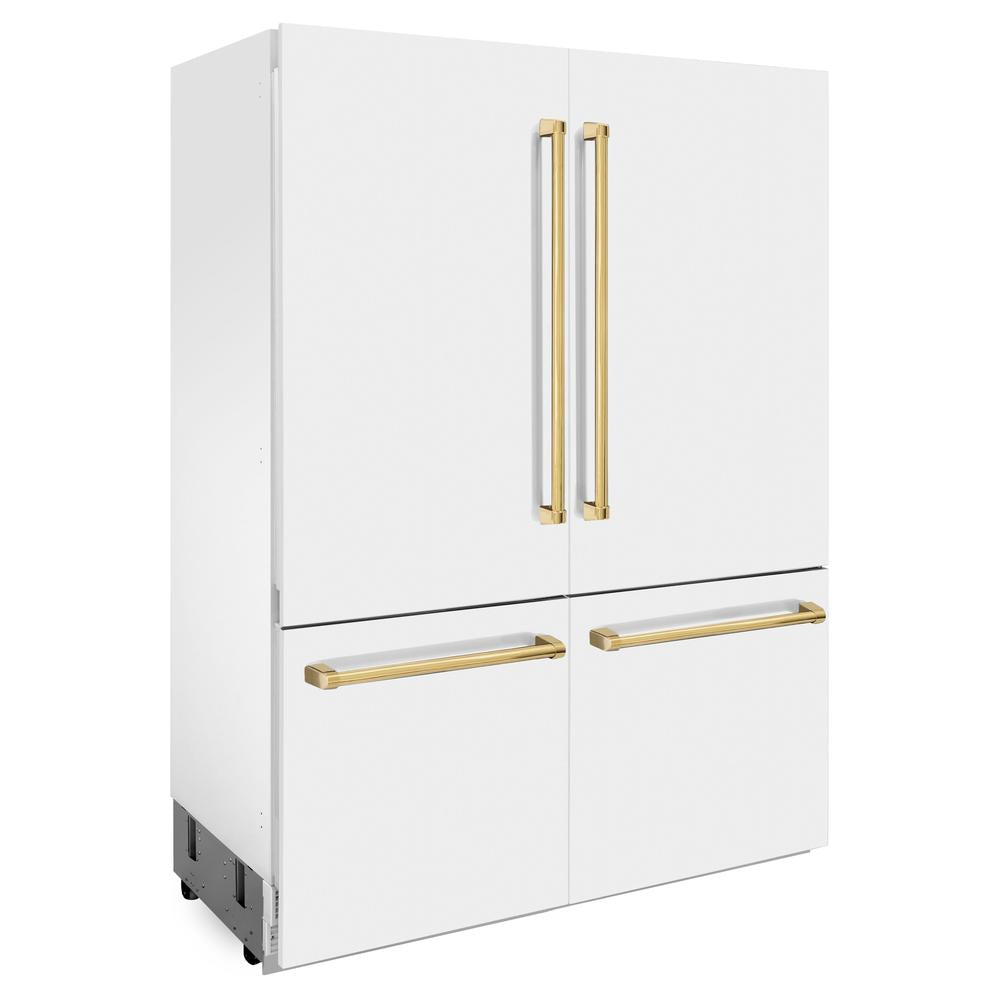 ZLINE Autograph Edition 60-Inch French Door Refrigerator with Bottom Freezer - 32.2 cu.ft Capacity, Built-In Water Dispenser & Ice Maker - White Matte Finish with Polished Gold Accents (RBIVZ WM 60 G) - Perfect for Modern Kitchens & Luxury Homes