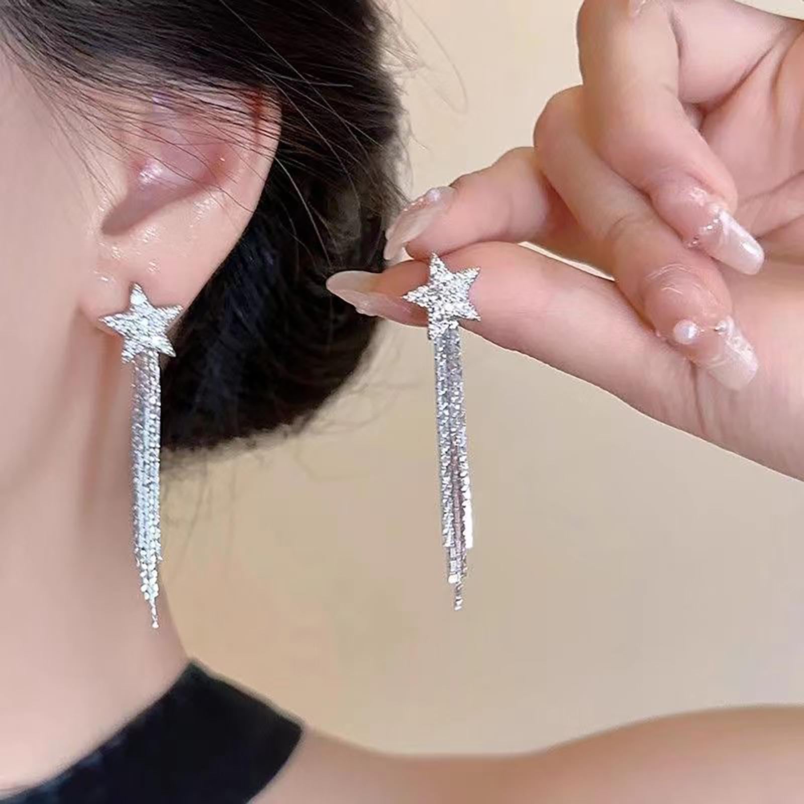 Boho Crystal Star Chandelier Earrings for Women - Gold Tassel Chain Drop Earrings with Rhinestone Accents - Vintage Punk Jewelry for Parties, Weddings & Everyday Wear