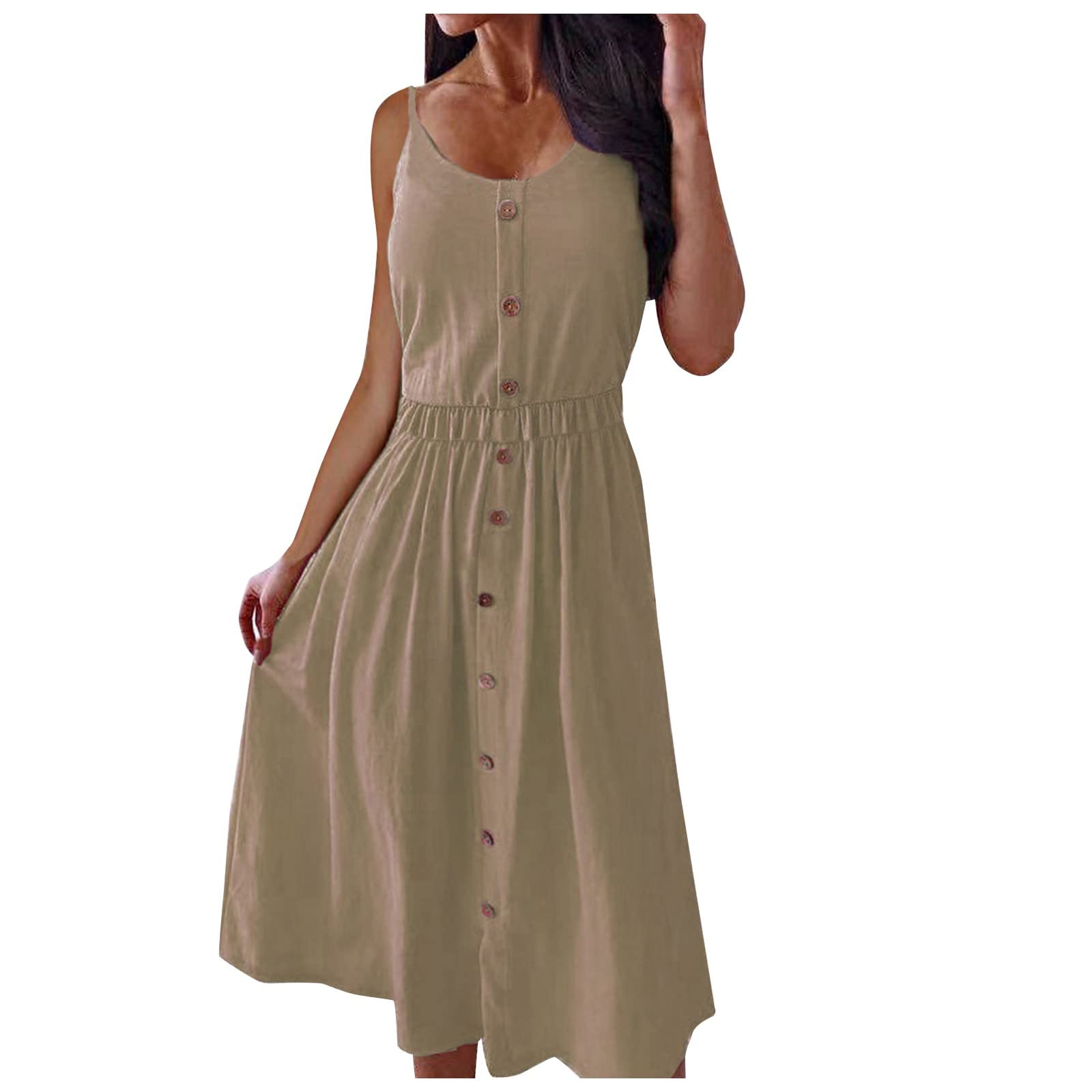 Women's Sexy Spaghetti Strap Summer Dress - Sleeveless Solid Color Long Maxi Dress with Deep Round Neck | Perfect for Beach Vacations, Date Nights & Casual Outings
