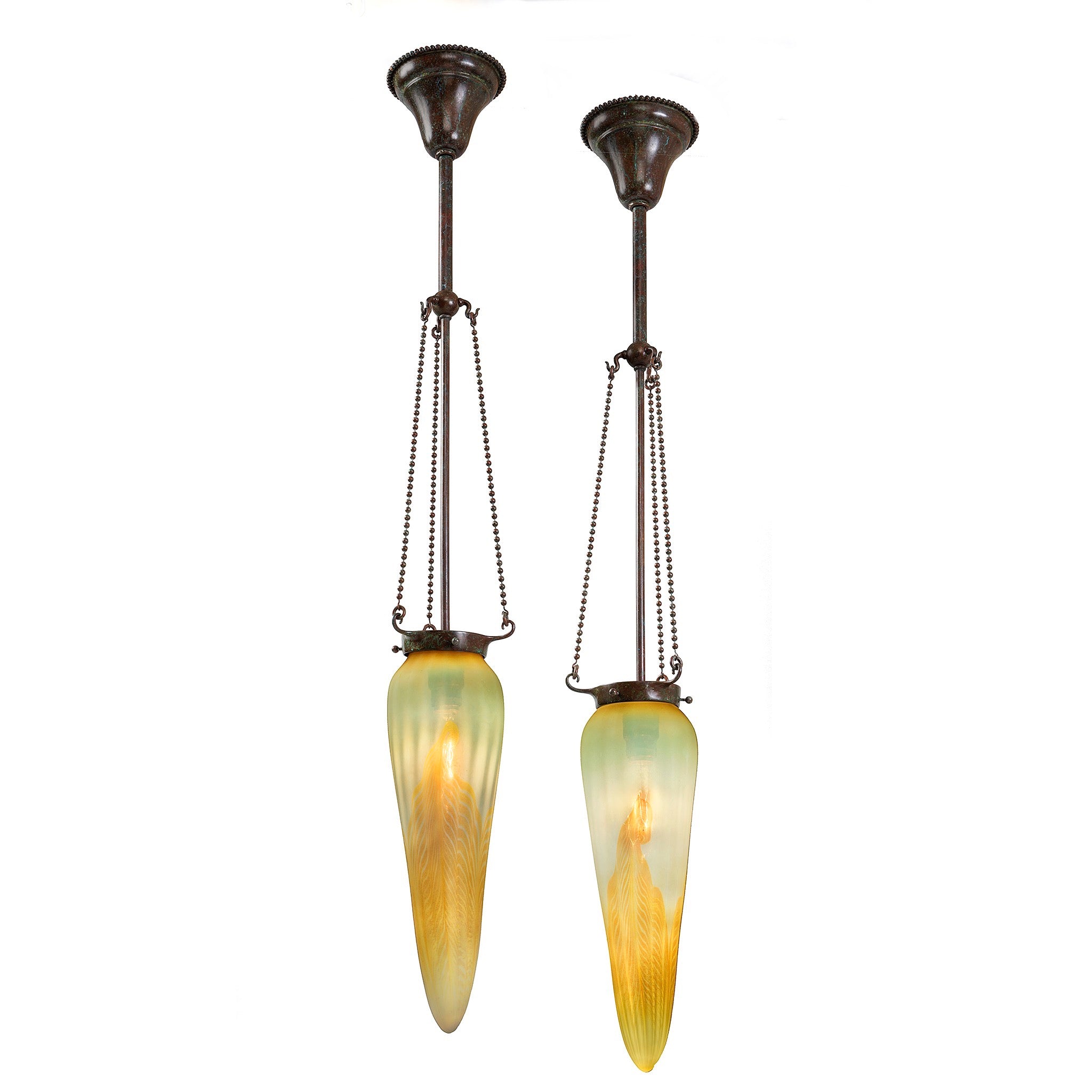 Tiffany Studios New York Pair of Stalactite Chandeliers - Vintage Bronze Glass Pendant Lights for Dining Room & Luxury Home Decor