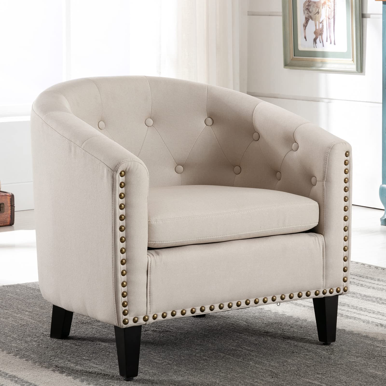 Premium Tufted Linen Barrel Club Chair - 200LBS Weight Capacity, Easy Assembly Accent Chair for Living Room, Bedroom & Office - Tan (Perfect for Reading Nooks, Lounge Areas & Home Offices)