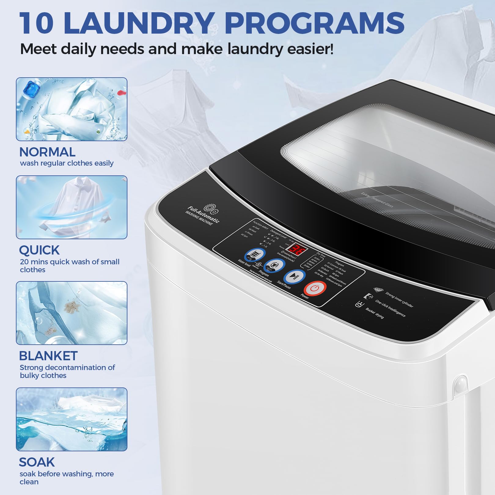 Nictemaw 17.8Lbs Full Automatic Portable Washing Machine - 2.4 Cu.ft Compact Washer with 10 Wash Programs & 8 Water Levels, Glass Lid - Perfect for Apartments, RVs, Dorms, Tiny Homes & Small Spaces - Ideal for Laundry in Compact Living Areas