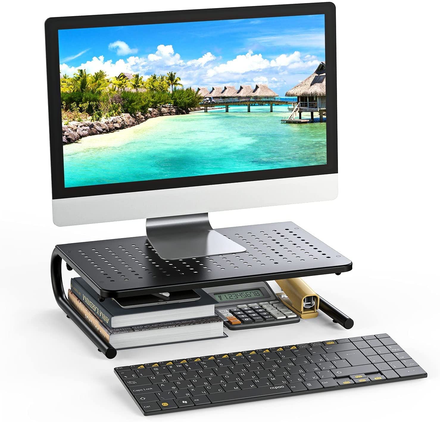 Ergonomic Monitor Stand Riser with Ventilation - Adjustable Laptop Stand for Desk, Computer Stand for PC & Printer - Space Saving Desk Organizer for Home & Office Use - Perfect for Work, Study & Gaming Setup