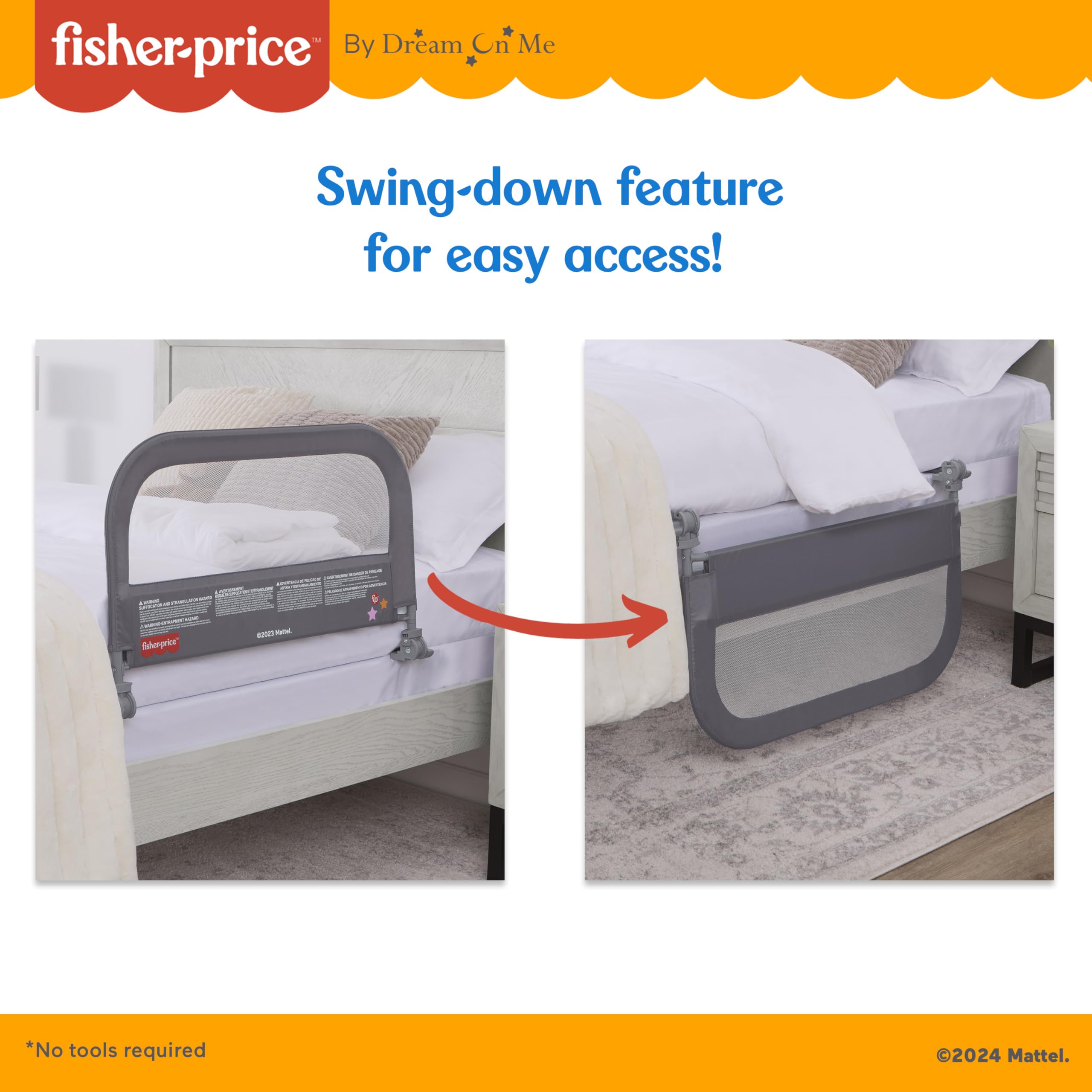 Dream On Me Fisher-Price Little Naps Bed Rail for Toddlers - Grey Safety Guardrail for Twin, Full & Queen Beds | No-Tool Assembly | Perfect for Daycare, Travel & Home Use