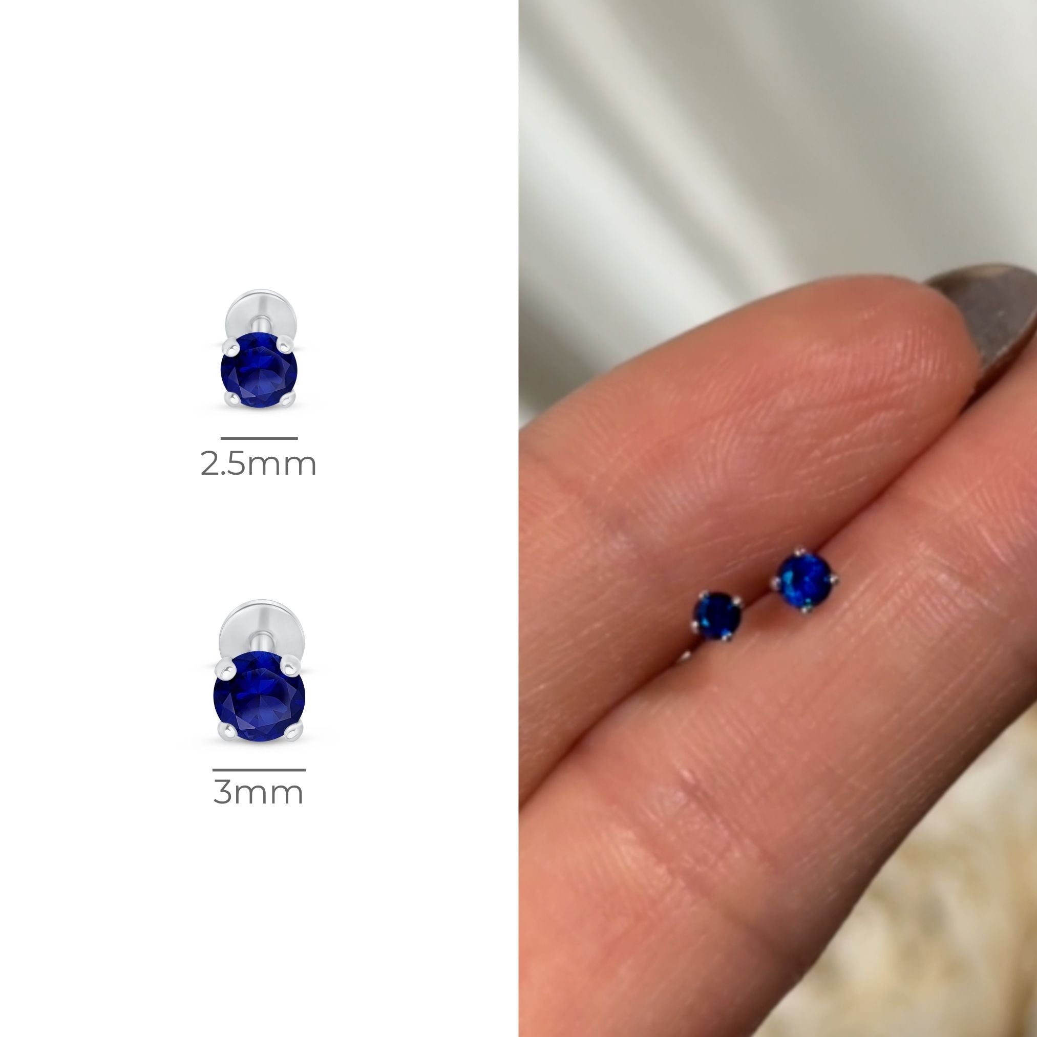 14k White Gold Blue Sapphire Cartilage Flat Back Stud Earrings - Dainty & Hypoallergenic Piercing Jewelry for Helix, Tragus, or Conch - Perfect for Everyday Wear & Special Occasions