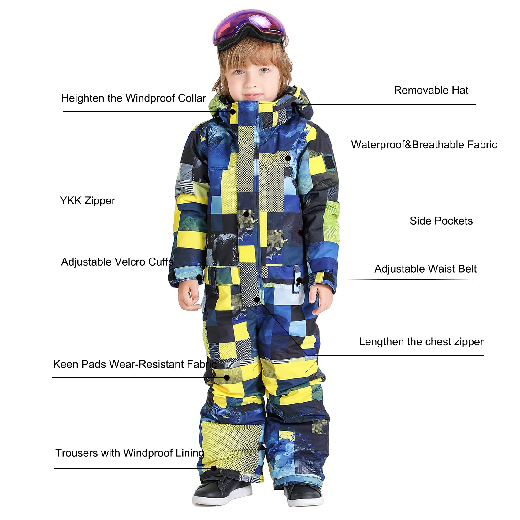 GSOU SNOW Kids Ski Suit - Waterproof & Windproof One-Piece Snowsuit for Boys & Girls - Perfect for Snowboarding, Skiing & Winter Outdoor Activities