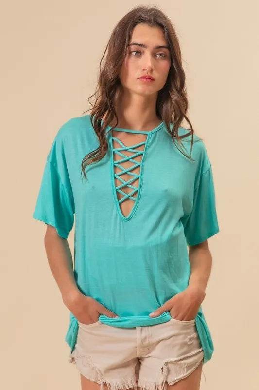 BiBi Jersey Knit Top with Criss Cross Front Neck Detail - Women's Casual V-Neck T-Shirt | Soft Stretch Fabric for Everyday Wear | Perfect for Work, Date Night & Weekend Outfits