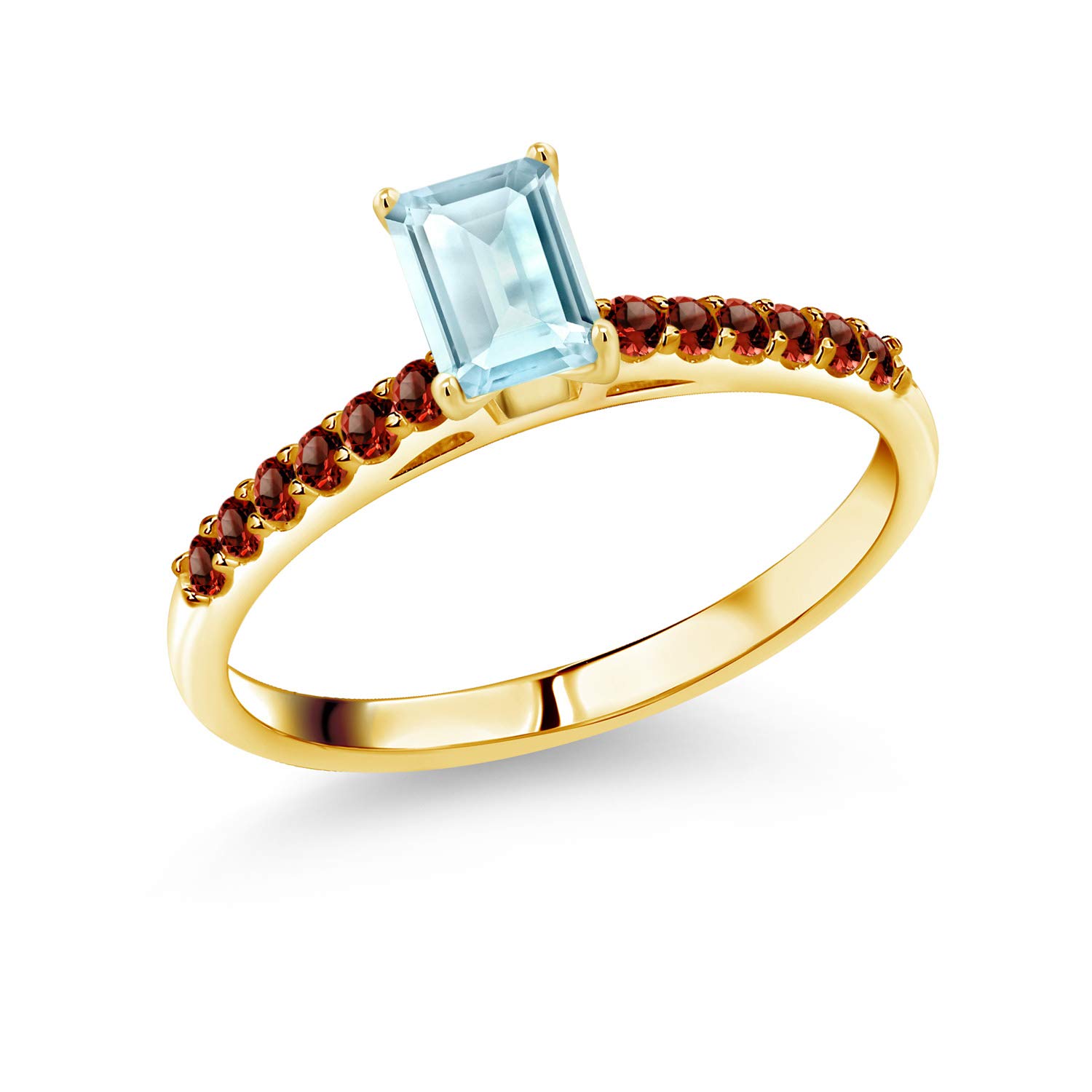 1.39 Ct Emerald Cut Sky Blue Topaz & Red Garnet 10K Yellow Gold Ring for Women – Elegant Birthstone Jewelry Gift for Anniversary, Engagement, or Special Occasions