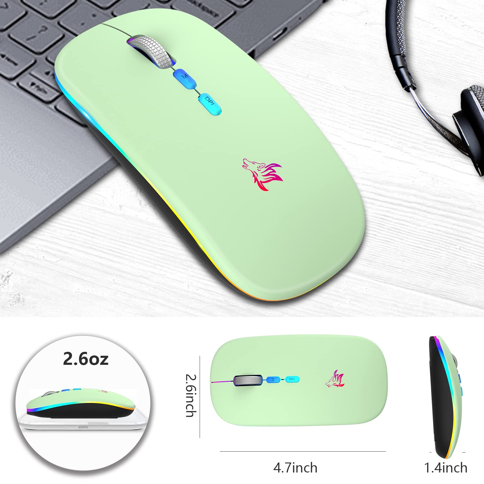Hotlife Wireless Rechargeable Bluetooth Mouse - Ergonomic Silent Optical Mouse with USB Receiver & Type C Adapter (Green) | Perfect for Office, Home & Travel Use on Laptop, PC, MacBook