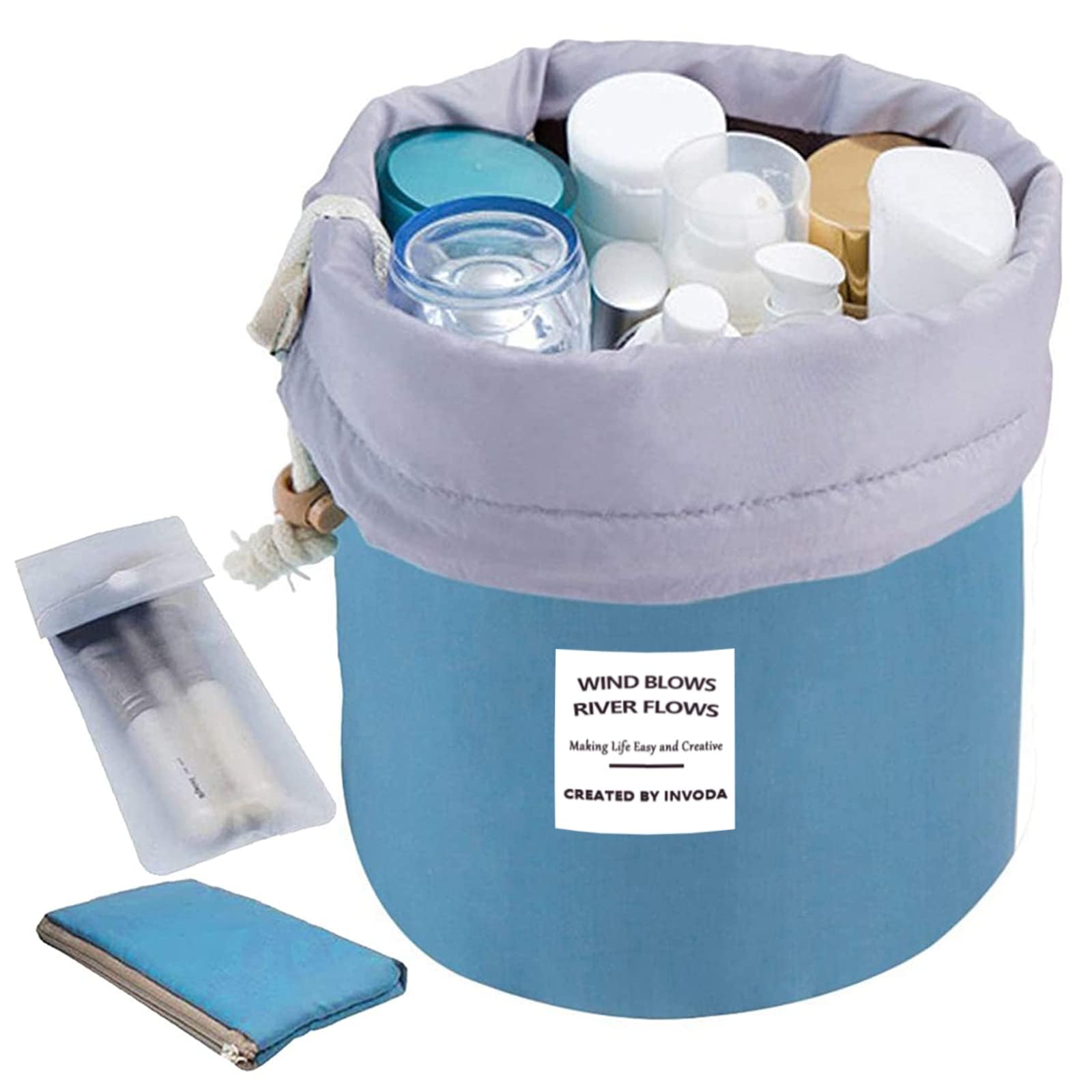INVODA Large Capacity Waterproof Travel Makeup Bag for Women - Soft Barrel Shaped Cosmetic Organizer with Drawstring, Multifunctional Toiletry Bucket Bag (Blue) - Perfect for Airplane, Gym, Beach & Daily Essentials Storage