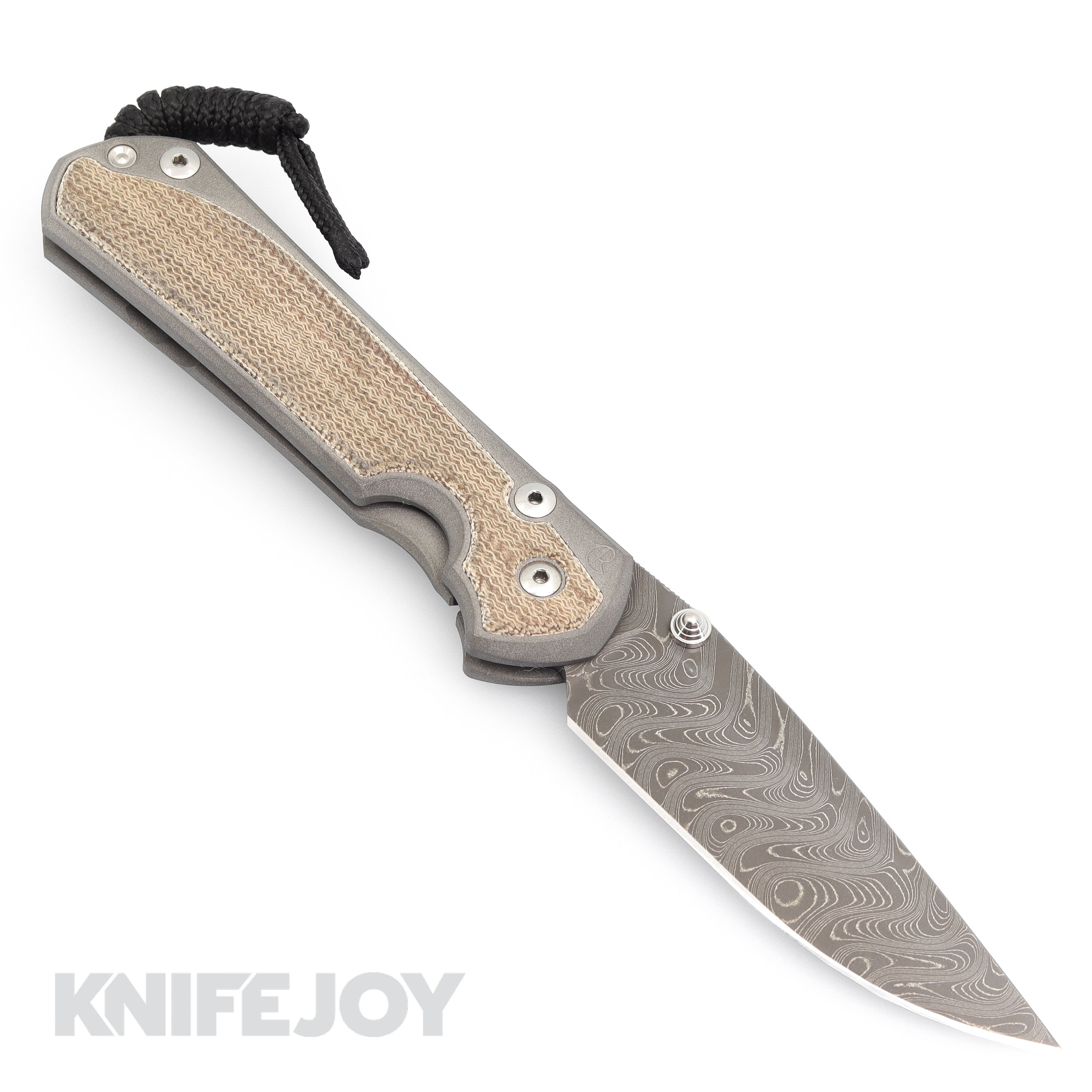 Chris Reeve Knives LEFT Hand Large Sebenza 31 Drop Point Ladder Damascus Folding Knife with Natural Canvas Micarta Inlay - Perfect for Outdoor Camping, Hunting & EDC Collection