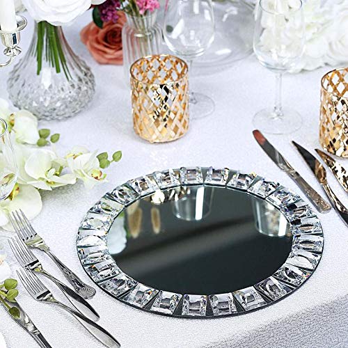 2-Pack Silver Mirror Glass Charger Plates with Diamond Beaded Rim - Elegant Dinnerware Underplates for Wedding, Party & Formal Dining Decor (12
