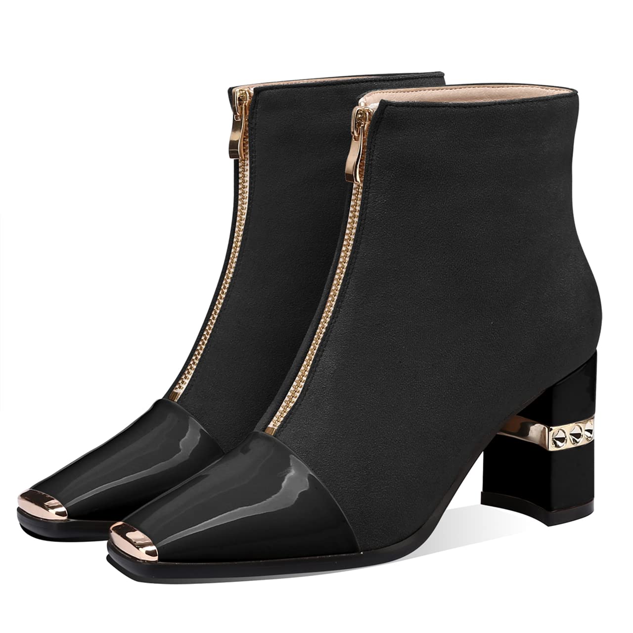 MIRAAZZURRA Women's Chunky High Heel Ankle Boots - Square Toe Zipper Casual Booties for Women | Black | Perfect for Office, Party & Fall Fashion