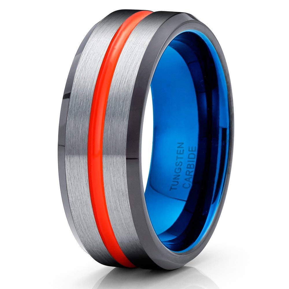 Orange & Blue Tungsten Wedding Bands for Men & Women - 8mm Comfort Fit Anniversary Rings - Durable Black Tungsten Rings for Everyday Wear & Special Occasions