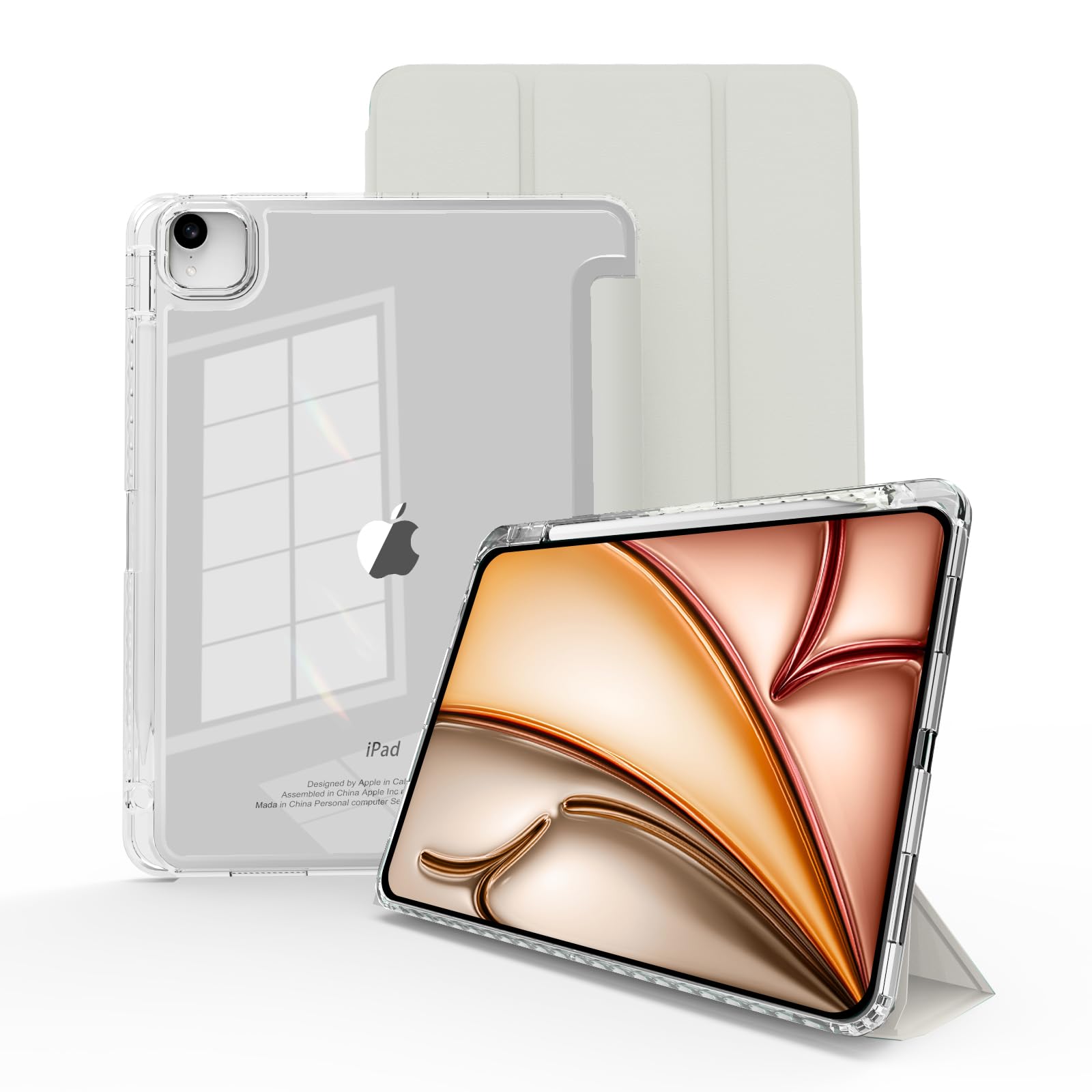 Premium iPad Air 13-inch M2/M3 (2024/2025) & iPad Pro 12.9 Case (6th Gen 2022) - Clear Trifold Stand Cover with Pencil Holder | Slim Protective Shell in Transparent Creamy White | Perfect for Work, Travel & Home Use