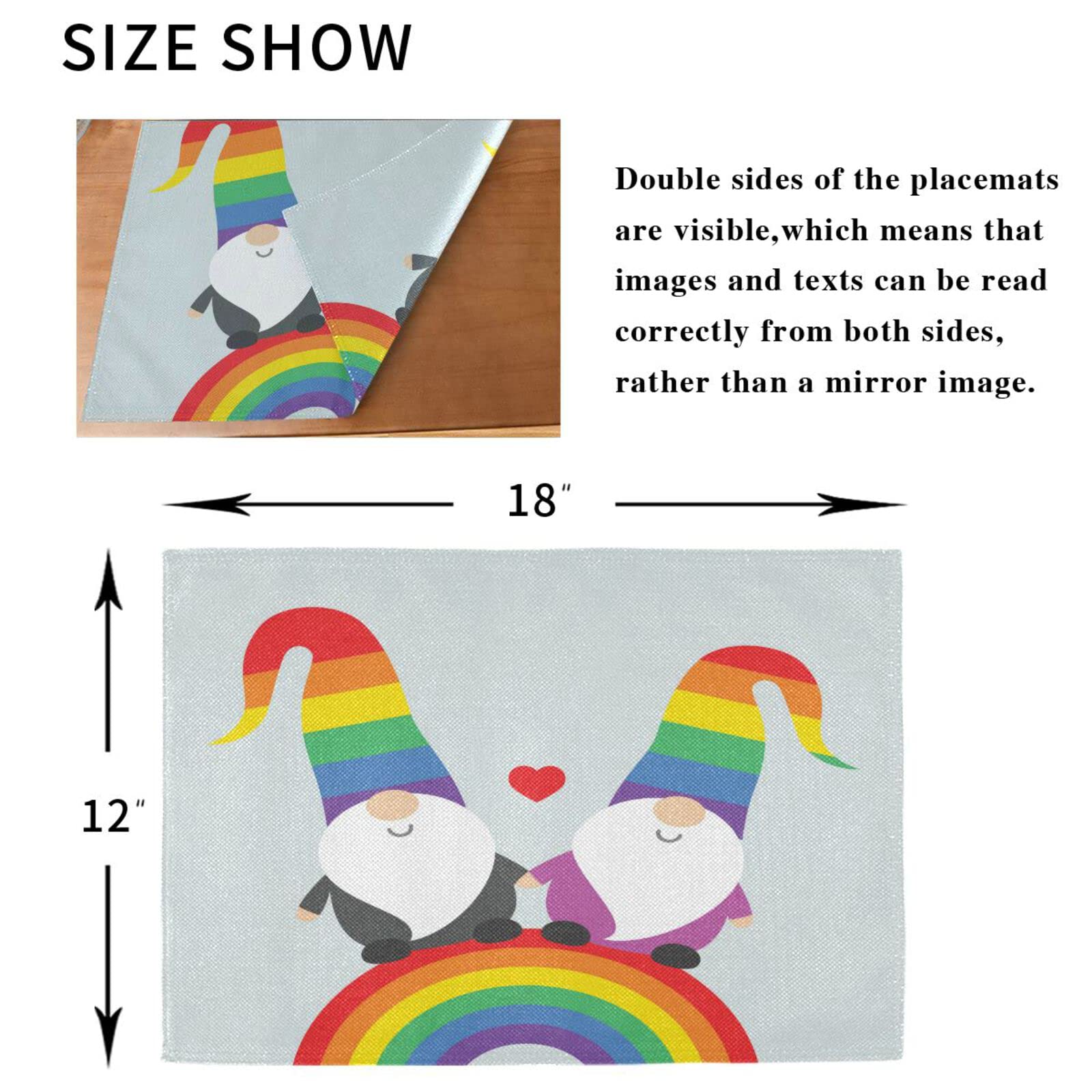 Rainbow Pride Placemats Set of 4 - LGBT Gnome Valentine Themed Washable & Heat Resistant Kitchen Table Mats 12x18 Inch - Perfect for Dining, Parties & LGBTQ+ Celebrations