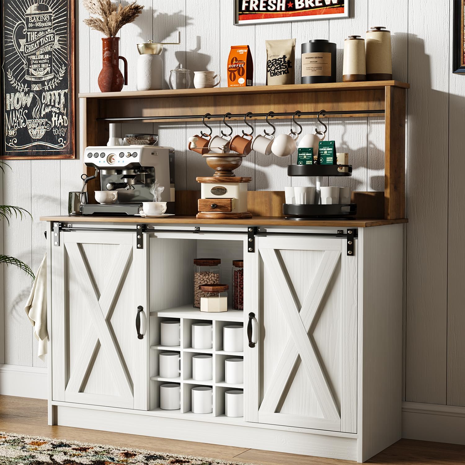 47 Inch White Farmhouse Coffee Bar Cabinet with 9 Wine Racks & 6 Hooks - Kitchen Storage Hutch with Sliding Barn Door for Living Room, Dining Room - Perfect for Coffee Station, Wine Display & Home Bar Organization