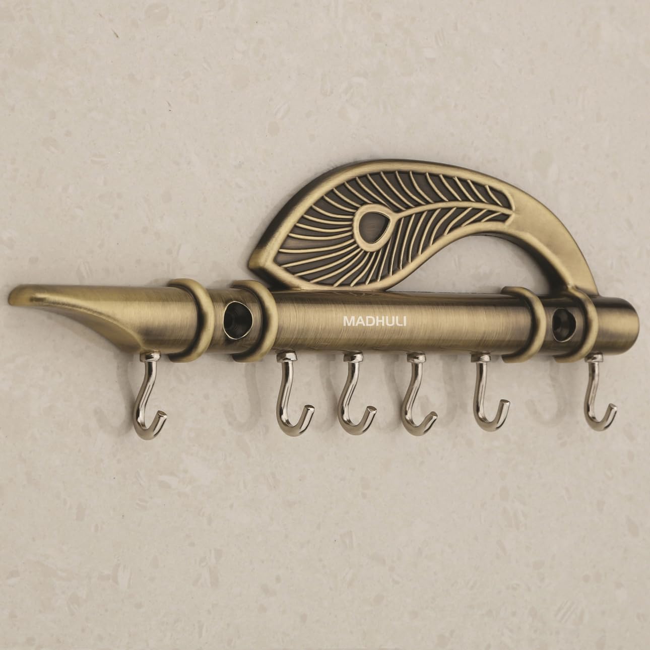 Antique Brass Key Holder Stand - Lord Krishna Flute & Peacock Quills Design - Wall Mounted Key Organizer for Home, Office, Entryway - Perfect for Foyer, Mudroom, and Gift Giving
