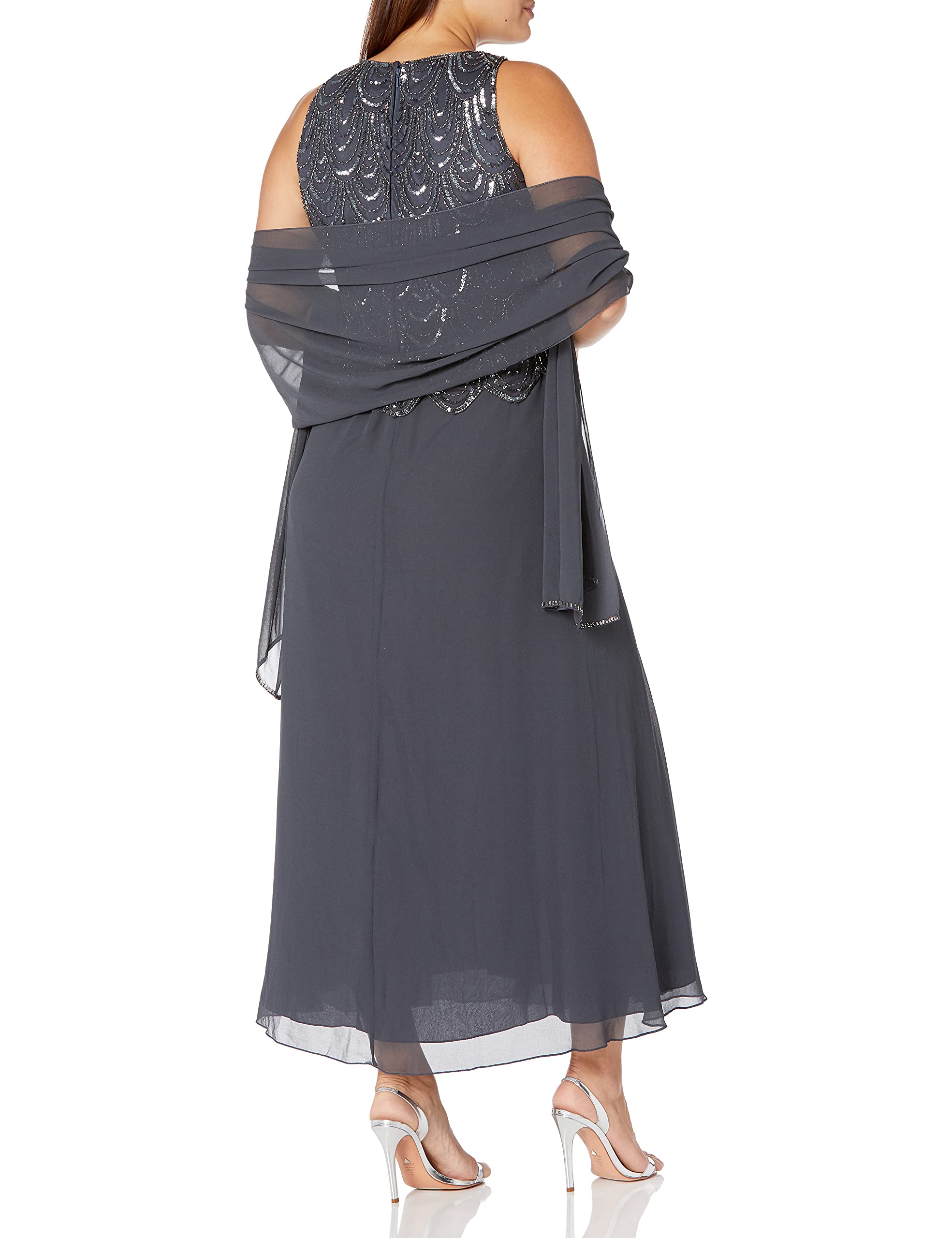 J Kara Women's Petite Sleeveless Beaded Pop Over Dress with Scarf - Elegant Summer Cocktail Party & Wedding Guest Dress