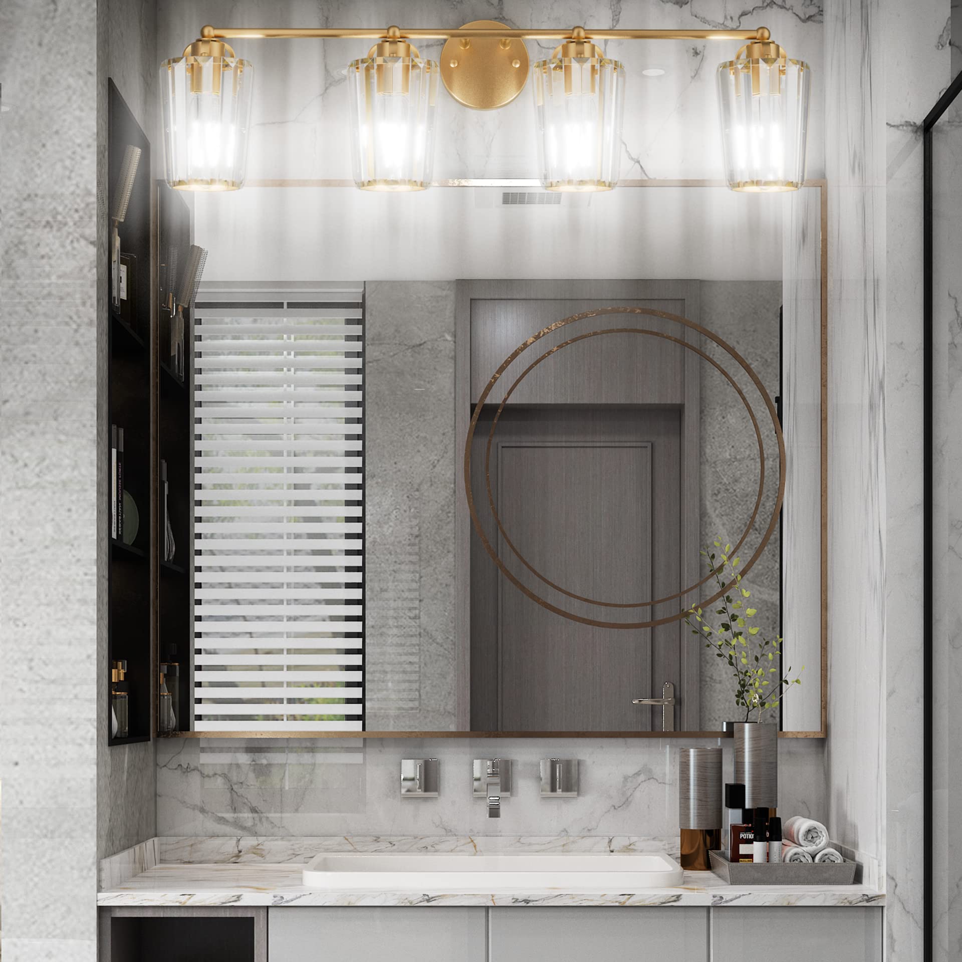Aipsun Gold Modern Bathroom Vanity Light - 4-Light Crystal Vanity Lighting Fixture (Bulbs Not Included) - Perfect for Bathroom Makeup, Shaving & Grooming Areas