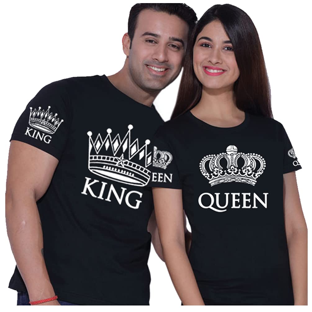 King and Queen Matching Couples T-Shirts Set - His & Hers Black Cotton Shirts for Anniversaries, Date Nights & Romantic Getaways