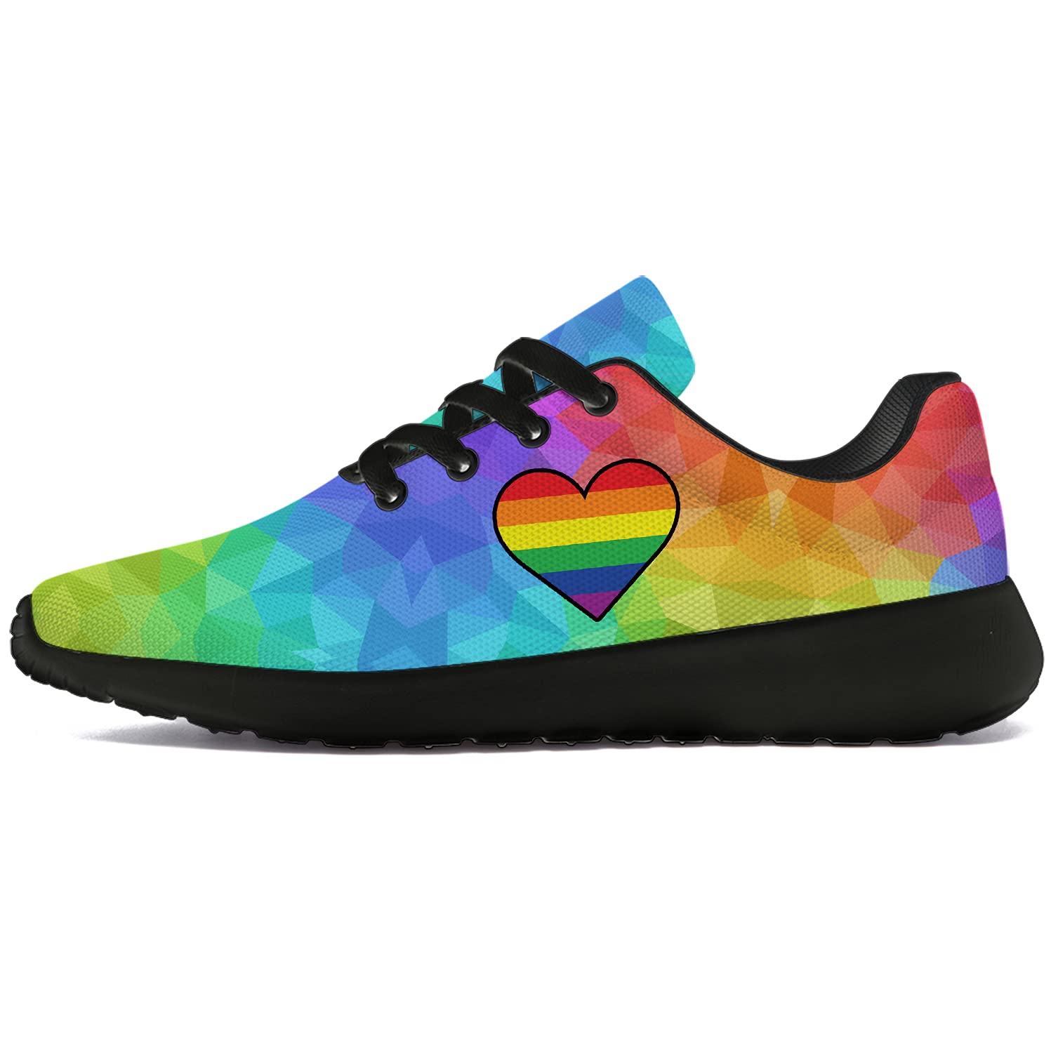 **Rainbow Heart LGBTQ+ Running Shoes for Men & Women - Comfortable Walking & Tennis Sneakers - Size 11 Men/13 Women - Black - Perfect Pride Gifts & Everyday Wear**    *(Use for jogging, gym workouts, casual walks, or showing LGBTQ+ pride at events and festivals.)*