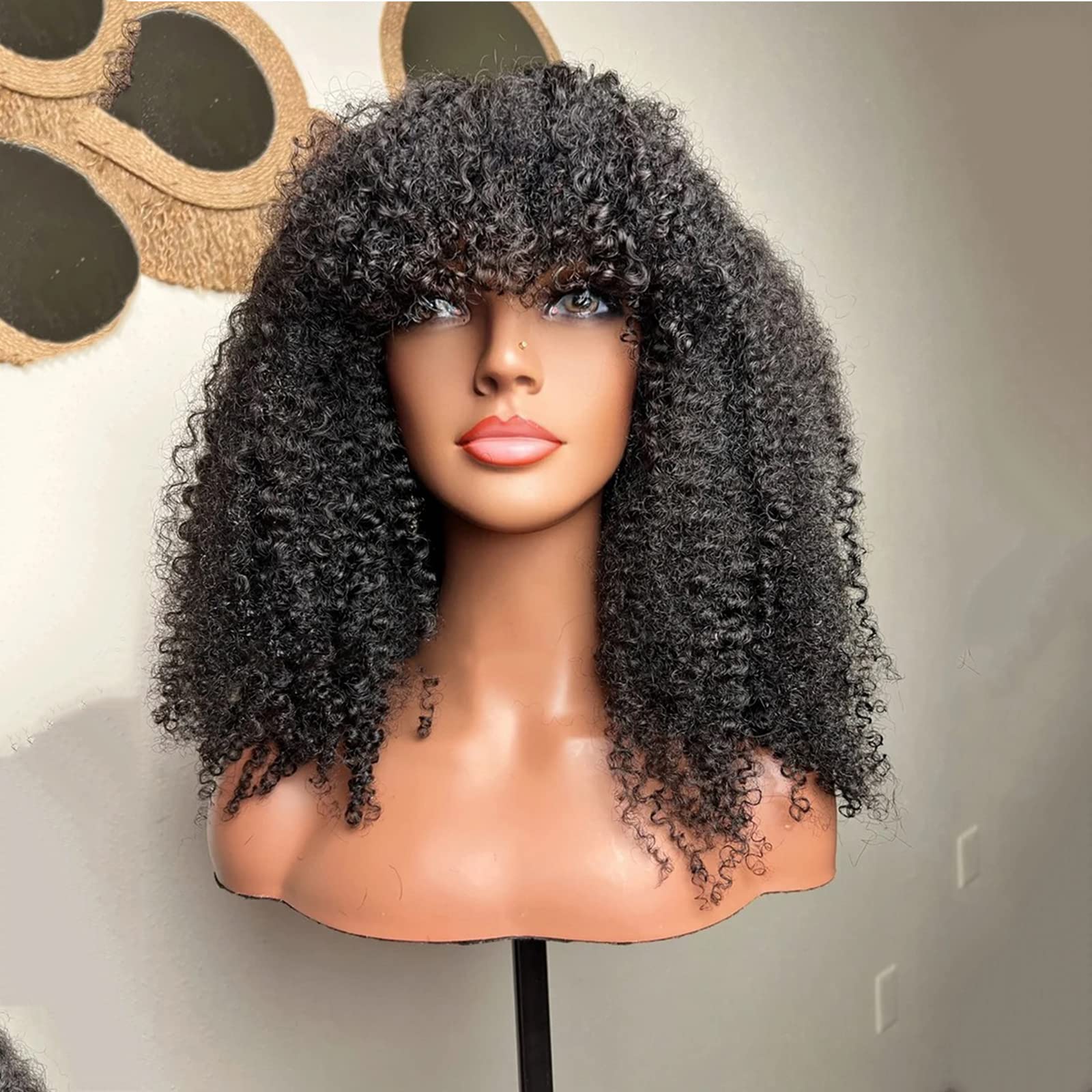 200% Density Afro Kinky Curly Human Hair Wig with Bangs - Brazilian Remy Hair - Machine Made Scalp Top - Natural Color Short Curly Wigs (14 inch) for Black Women, Cosplay, Daily Wear & Special Occasions