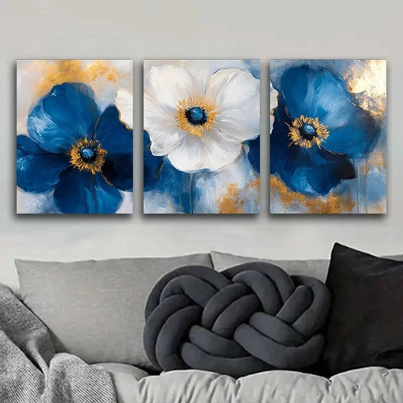 3-Piece Abstract Blue Poppies Metal Wall Art - Ready to Hang Canvas Prints for Living Room, Bedroom & Office Decor