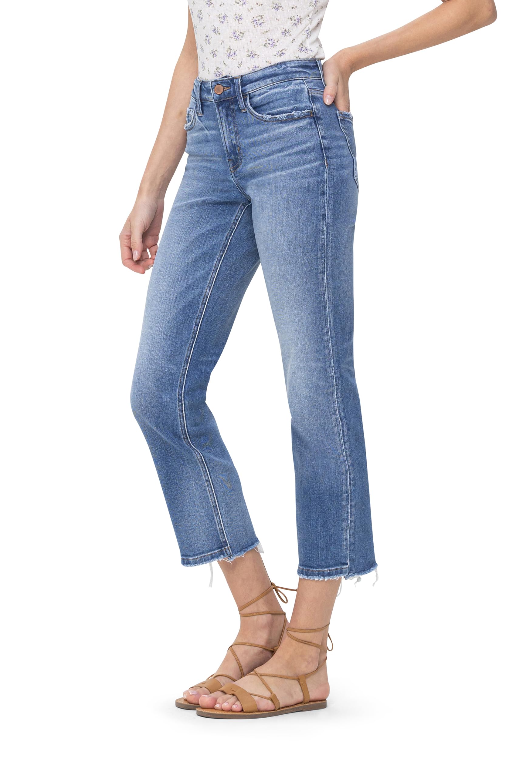 Flying Monkey Women's Mid Rise Crop Straight Jeans - Medium Blue Denim for Casual Wear & Everyday Outfits