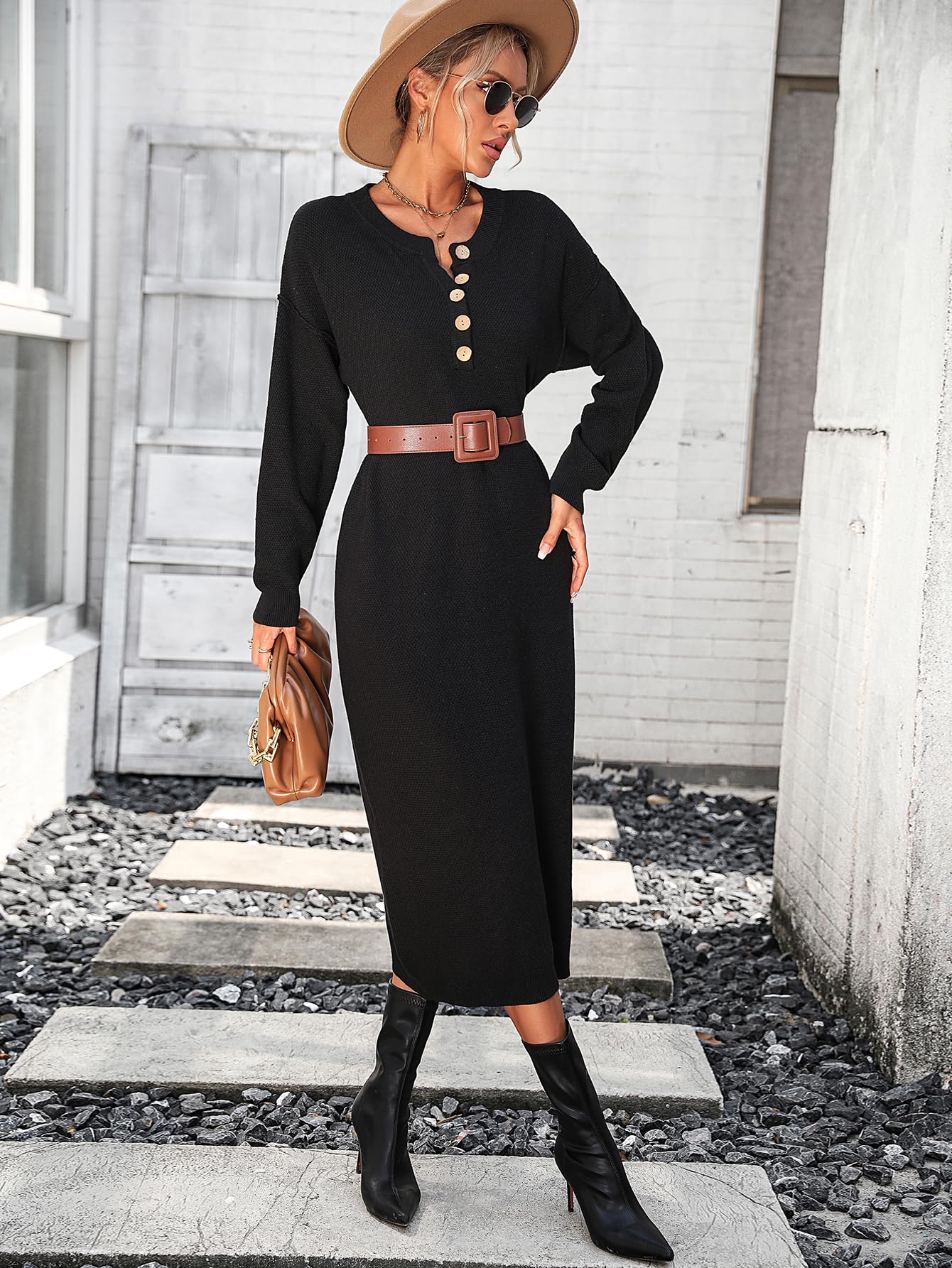 Hathne Women's Crew Neck Button Down Sweater Dress - Long Sleeve Loose Waffle Knit Pullover Maxi Dress for Casual Outfits, Fall Winter Fashion & Layering