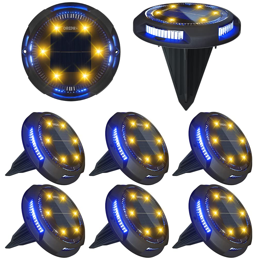 8 Pack Solar Ground Lights - IP65 Waterproof Outdoor Disk Garden Lights for Pathway, Lawn, Yard, Deck, Driveway & Walkway (Warm White + Blue) | Landscape Lighting for Patio, Garden & Outdoor Decor
