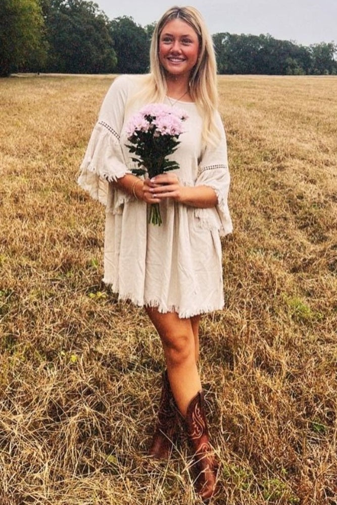 Beige Raw Edge Bell Sleeve Babydoll Dress for Women - Boho Chic Lace Trim Mini Dress - Perfect for Summer, Beach, Music Festivals & Date Nights