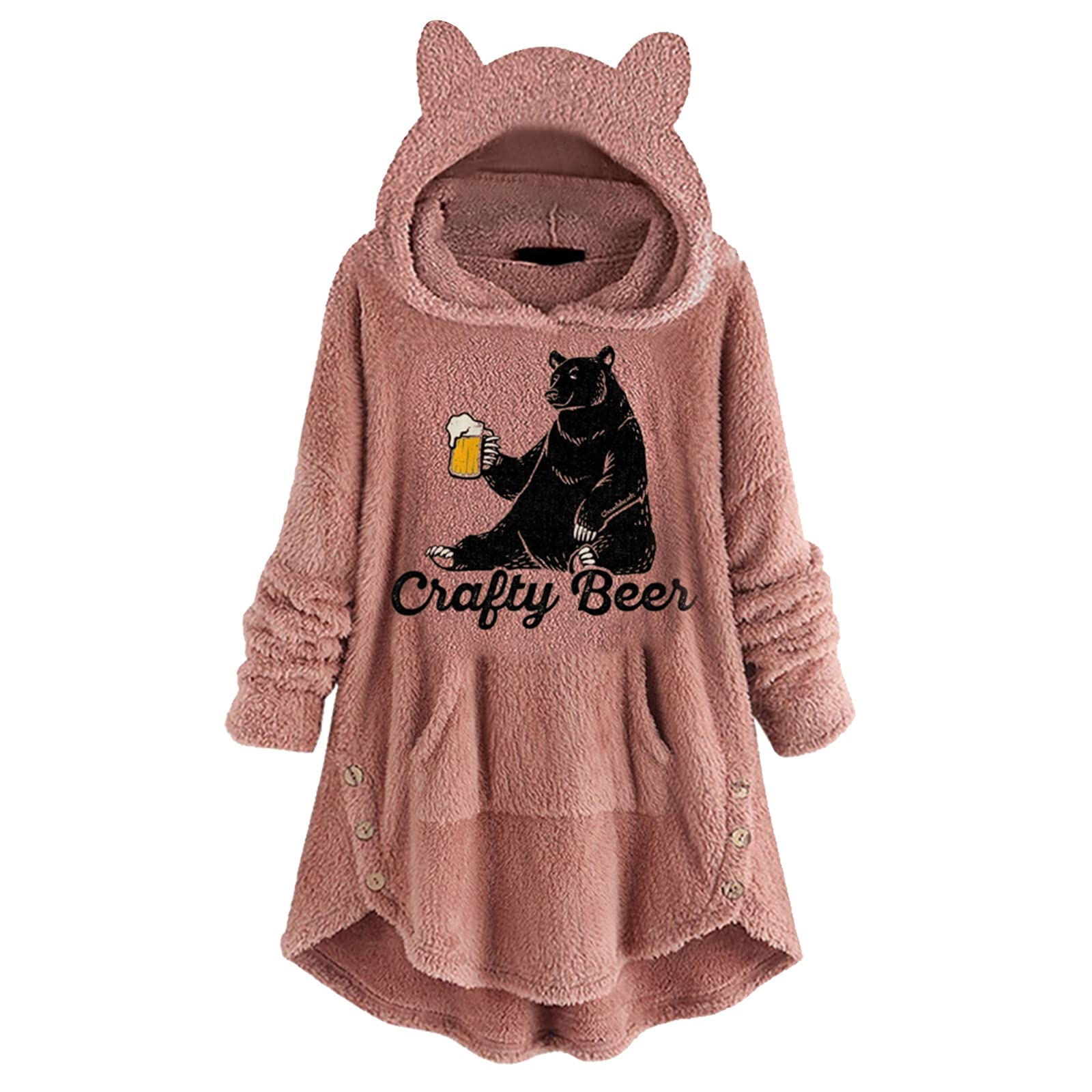 Women's Fleece Jacket with Cat Ear Hood - Long Sleeve Cute Printed Sweatshirt with Button Pocket | Cozy Winter Wear for Casual Outings, Street Fashion & Cat Lovers