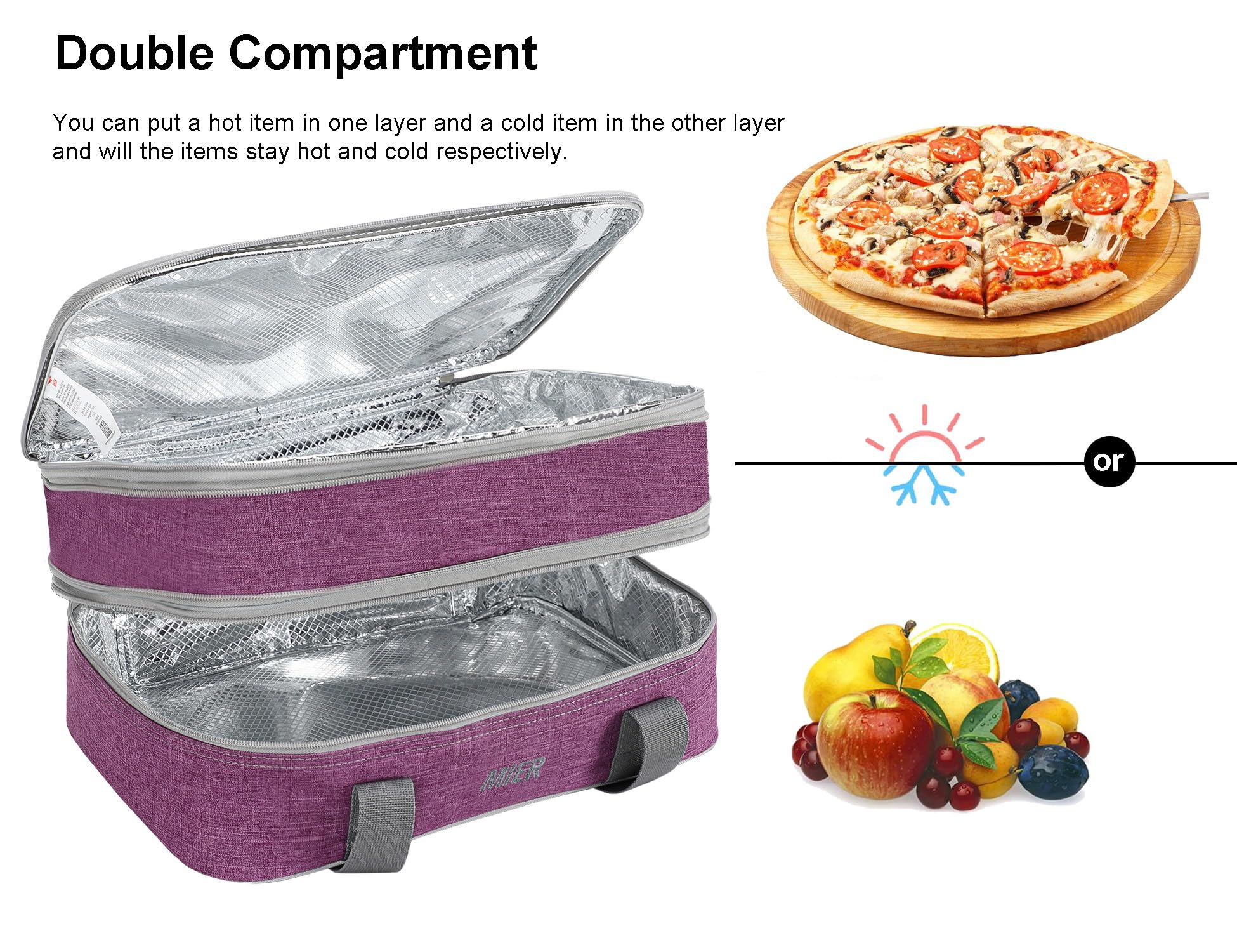 MIER Insulated Double Casserole Carrier - Thermal Lunch Tote for Potluck Parties, Picnics & Beach Outings - Fits 9x13 Inch Dishes with Expandable Mid Zipper - Purple | Perfect for Family Gatherings, Office Lunches & Outdoor Adventures
