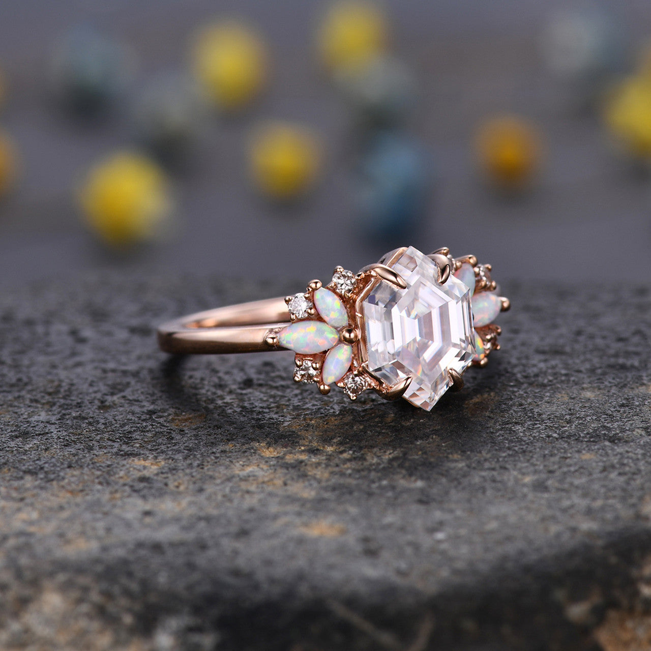 Vintage Hexagon Cut Moissanite Opal Engagement Ring - Rose Gold Promise Ring for Women, Wedding, Proposal & Anniversary Gifts | Elegant Jewelry for Special Occasions