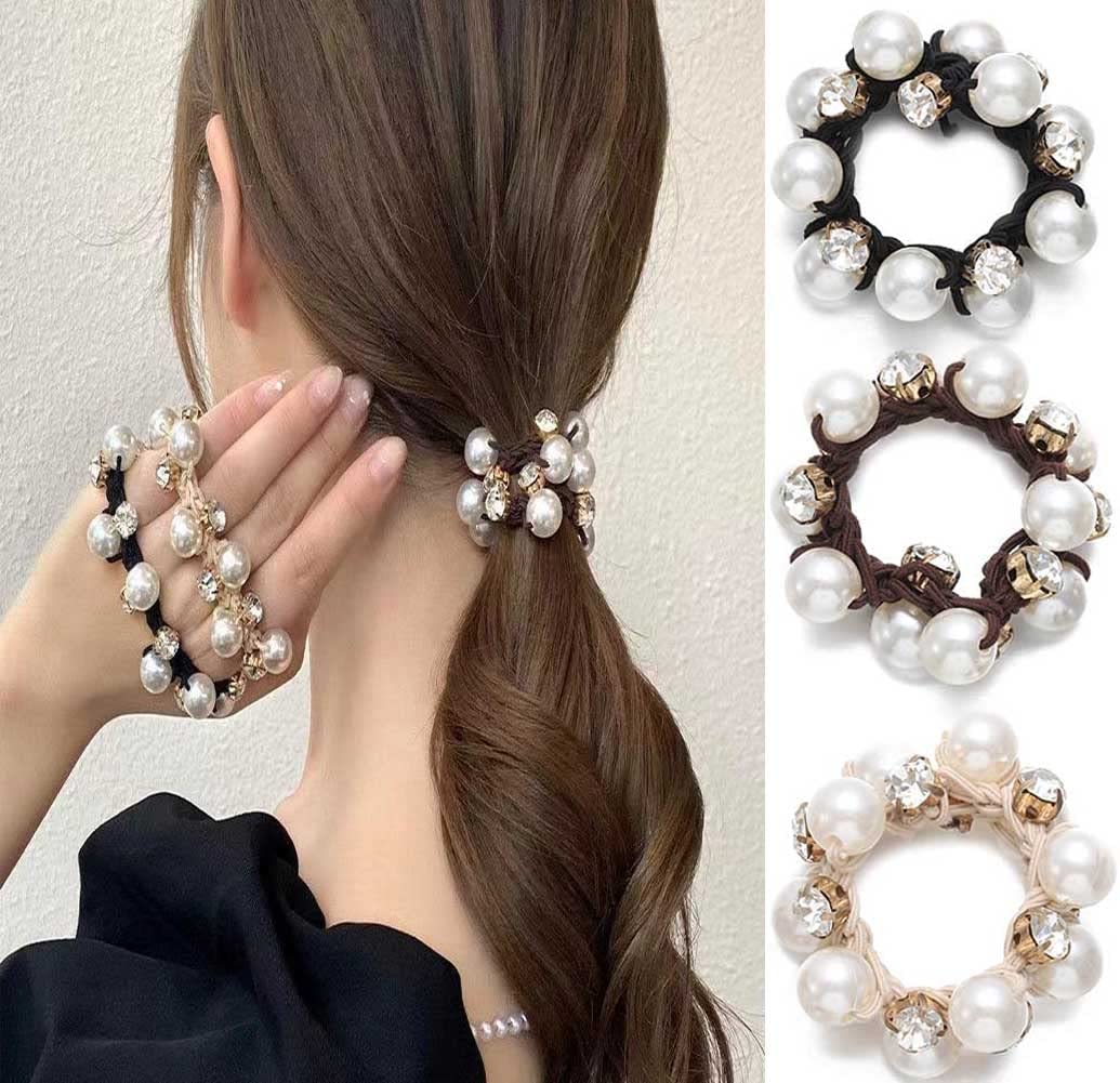 Pearl Hair Ties for Women - 3 Pack Rhinestone Crystal Hair Scrunchies, Elastic Ponytail Holders & Hair Ropes - Elegant Hair Accessories for Girls, Brides, Weddings and Special Occasions
