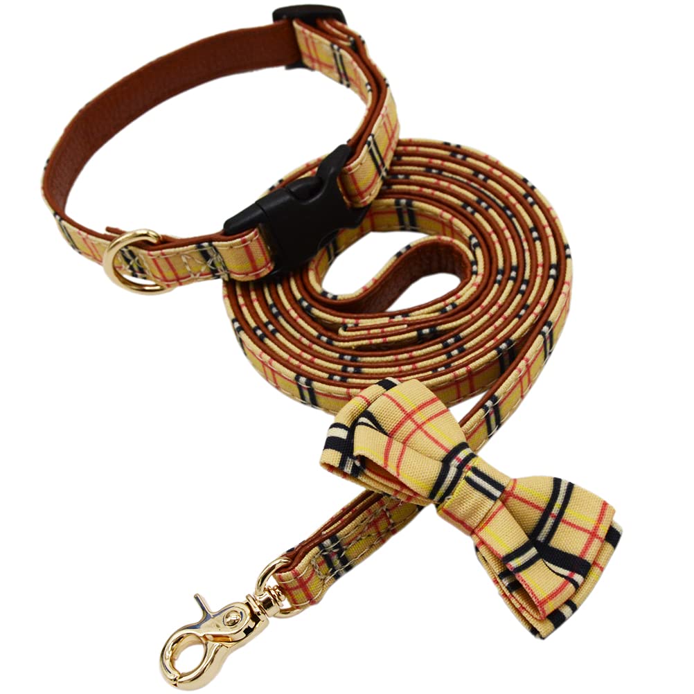Classic Plaid Adjustable Dog Collar and Leash Set with Removable Bow Tie for Small, Medium & Large Dogs - Perfect for Pet Weddings, Parties & Daily Walks