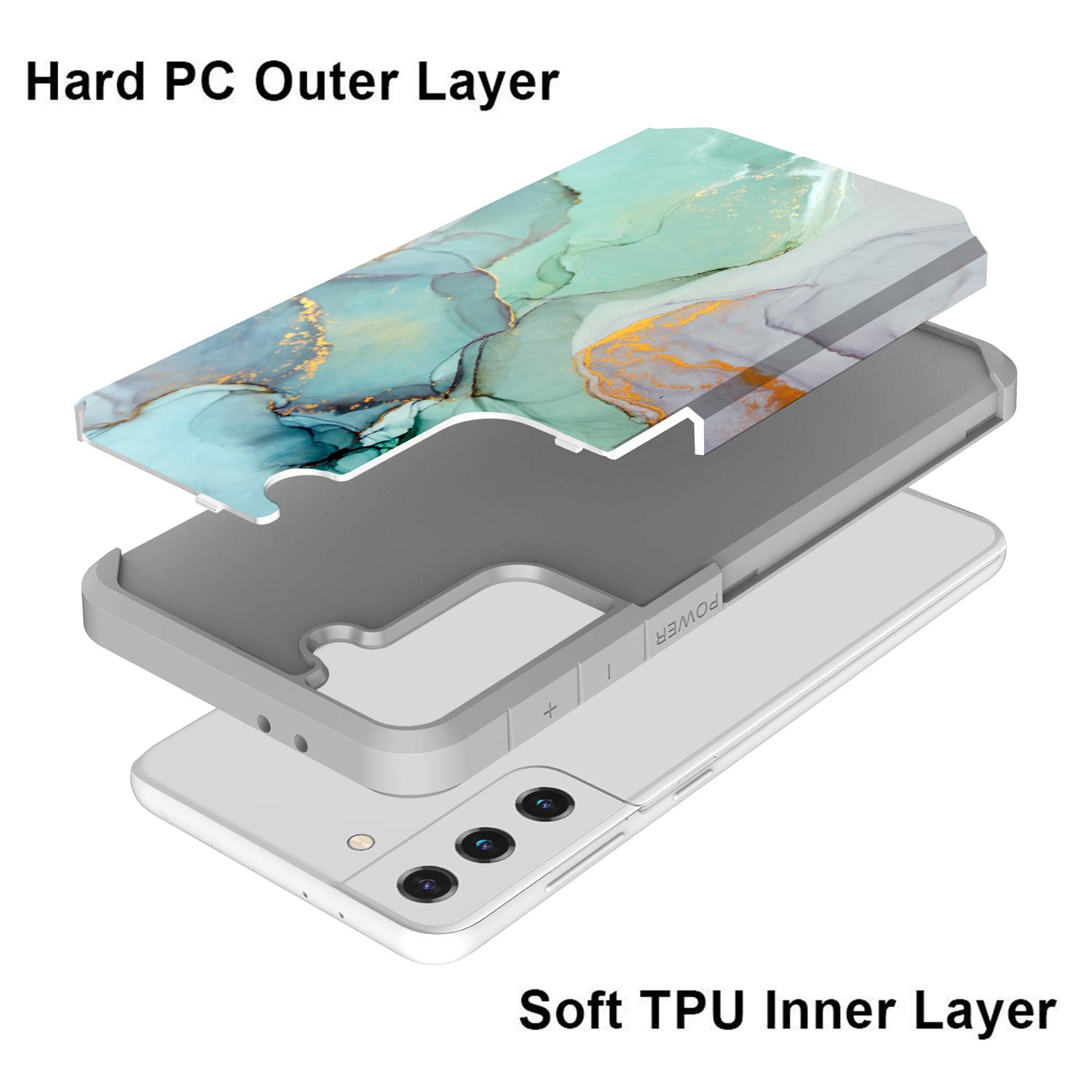 Rosebono Samsung Galaxy A21 Case - Slim Hybrid Shockproof Hard Cover with Graphic Armor Design (Green Marble) | Protective Phone Case for Everyday Use, Work & Travel