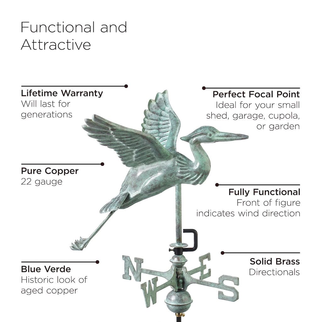 Blue Heron Garden Weathervane - Handcrafted Blue Verde Copper Weather Vane with Decorative Garden Pole | Perfect for Outdoor Lawn, Yard, and Patio Decor