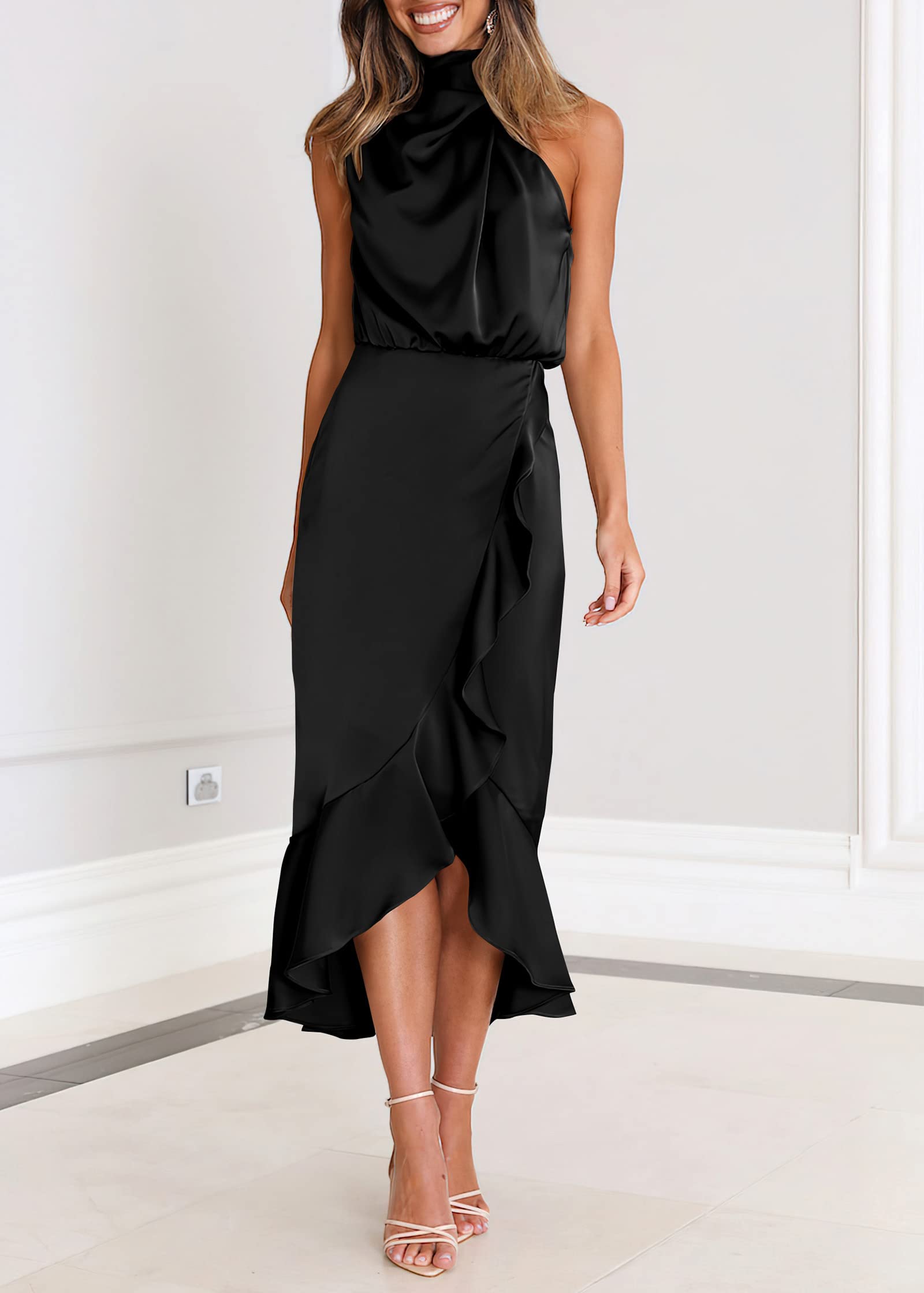 KIRUNDO Women's 2025 Summer Satin Mock Neck Cocktail Dress - Sleeveless Wrap Midi Dress with Ruffle Detail for Wedding Guest, Party & Formal Occasions | Perfect for Bridal Showers, Evening Events & Special Celebrations