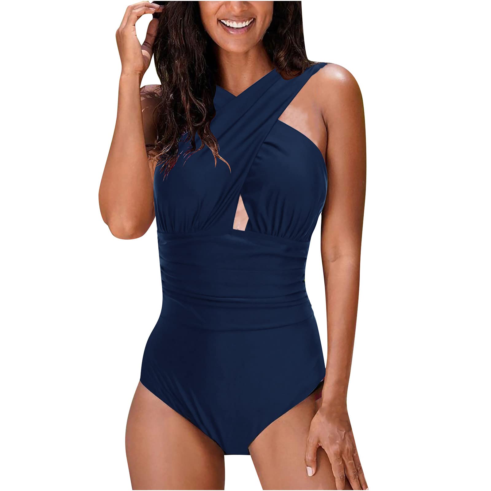 Women's One Piece Swimsuit - Tummy Control Solid Criss Cross Design with Cut Out Bikini Style & Ruched Details | Perfect for Beach Vacations, Pool Parties & Summer Getaways