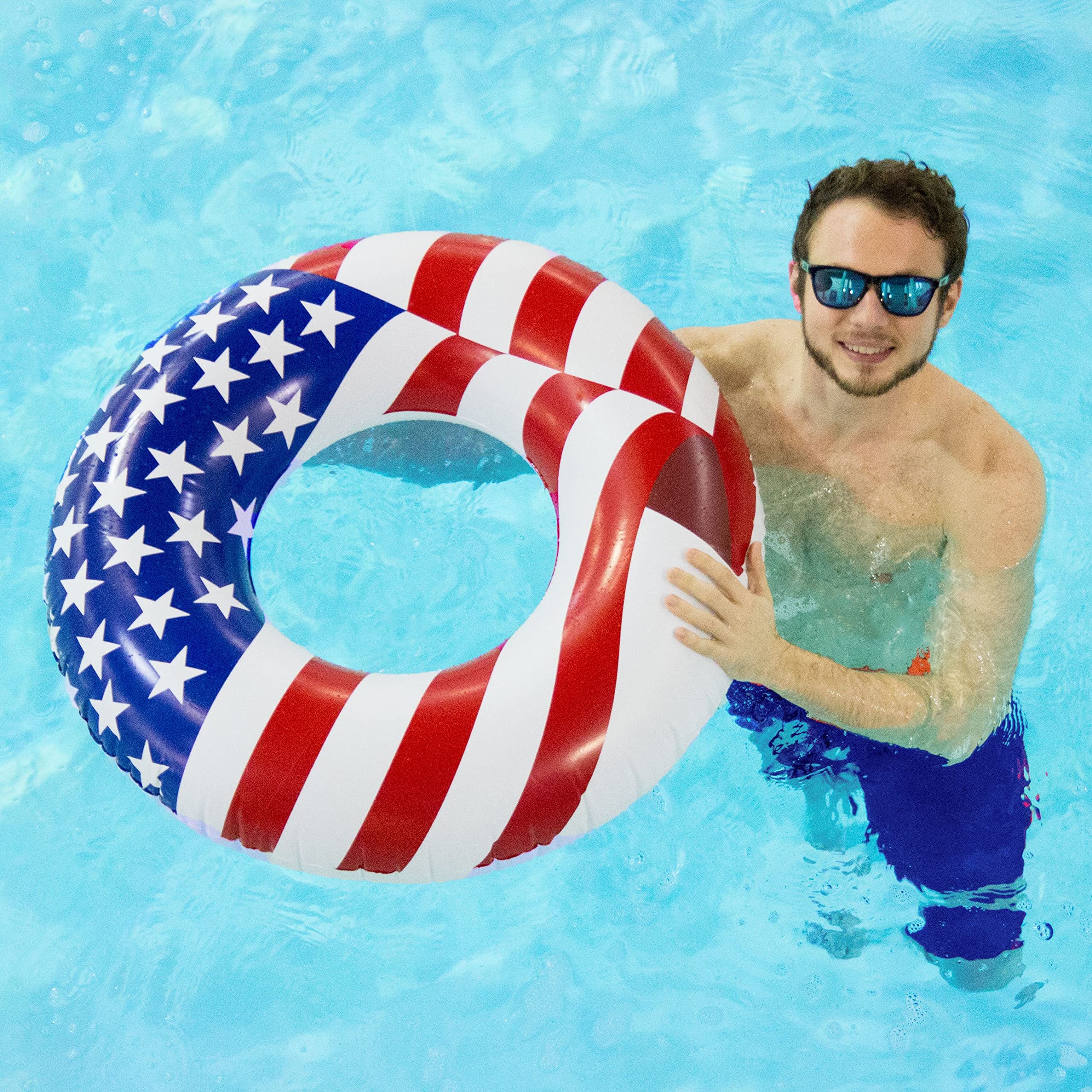 Patriotic American Flag Inflatable Pool Float - Swimline Round Lounge Tube for Kids & Adults, Perfect for Swimming Pools, Lakes, and Summer Relaxation