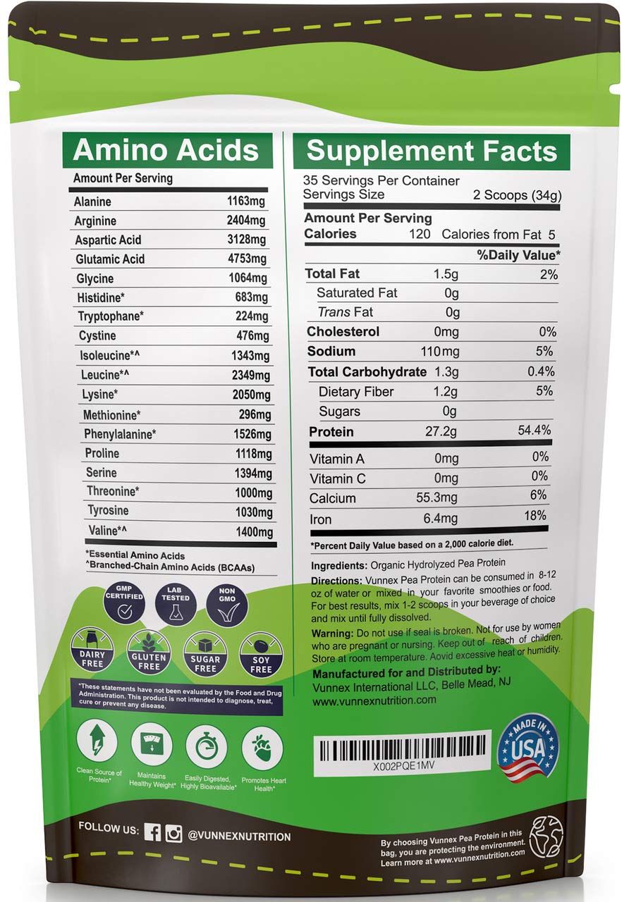 100% Pure Organic Hydrolyzed Pea Protein Powder - Vegan, Unflavored, Non-GMO | Dairy Free, Gluten Free, Soy Free, Sugar Free | Plant-Based Protein Supplement for Smoothies, Baking & Post-Workout Recovery | 2.62lb (Canada Grown Yellow Peas)