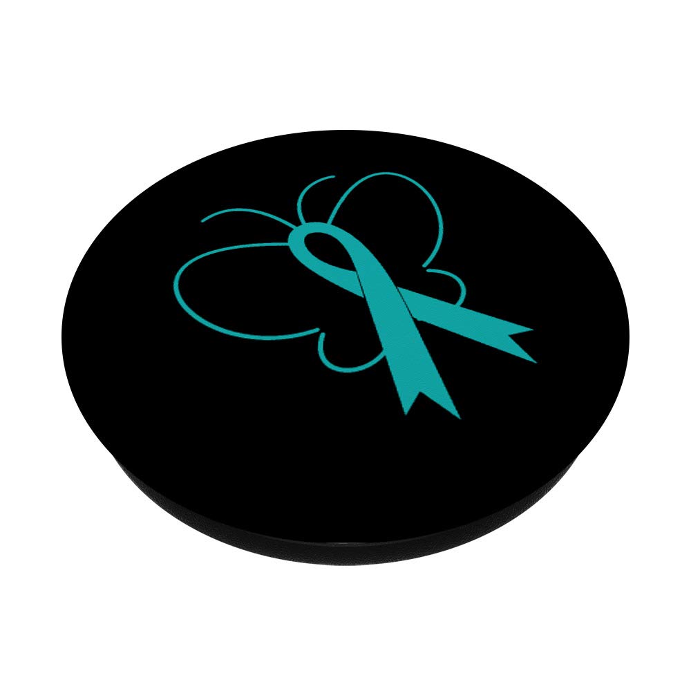 Ovarian Cancer Awareness Teal Ribbon Butterfly Shirt & PopSockets PopGrip - Swappable Phone & Tablet Grip for Supporters - Perfect for Fundraisers, Survivor Events & Daily Wear