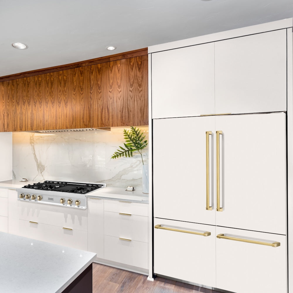 ZLINE Autograph Edition 60-Inch 32.2 cu. ft. French Door Built-In Bottom Freezer Refrigerator with Water Dispenser & Ice Maker - White Matte with Polished Gold Accents (RBIVZ WM 60 G) | Perfect for Modern Kitchens & Luxury Homes
